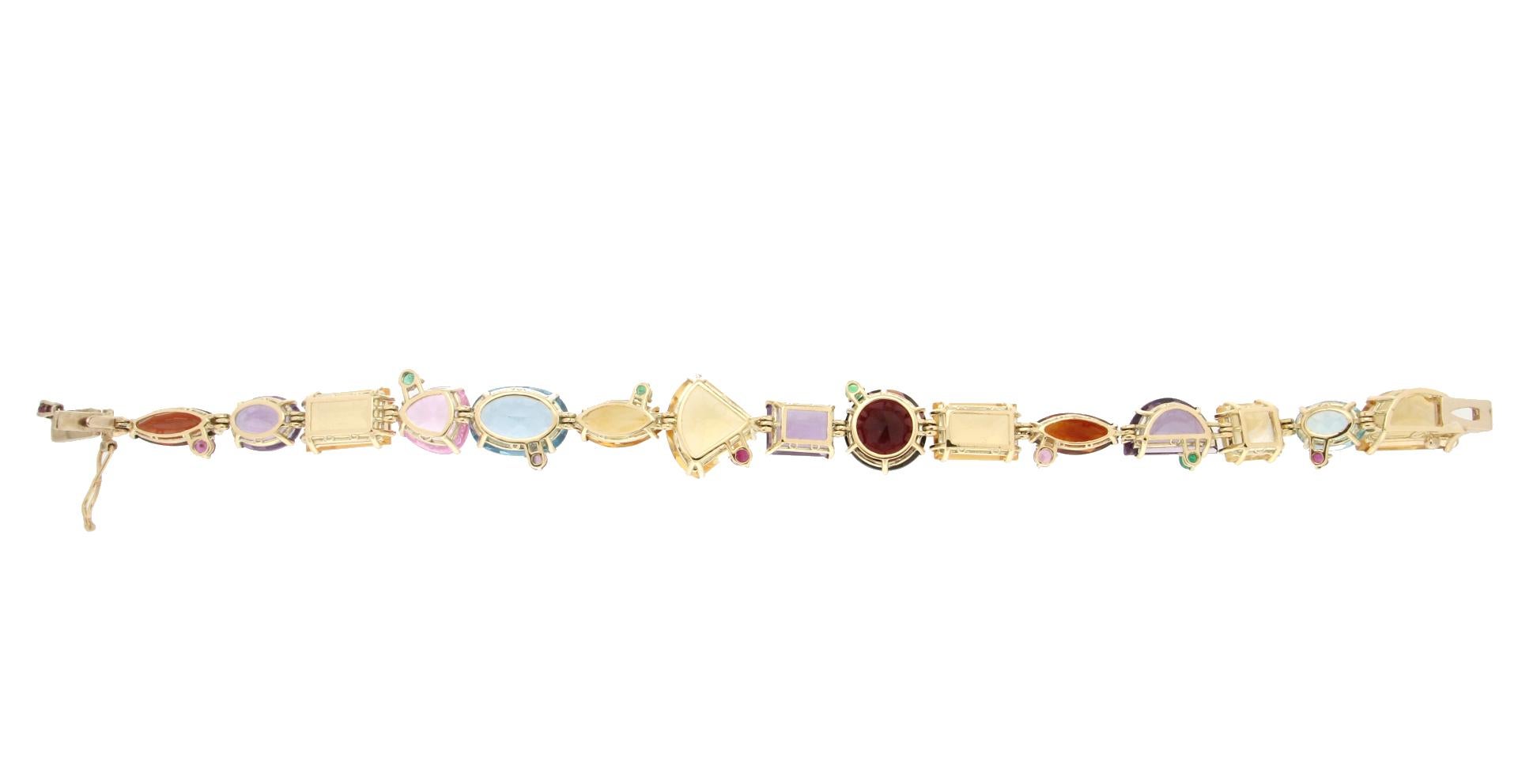 Women's Handcraft Yellow Gold 14 Carats Emeralds Rubies Amethyst Citrin Garnet Bracelet For Sale