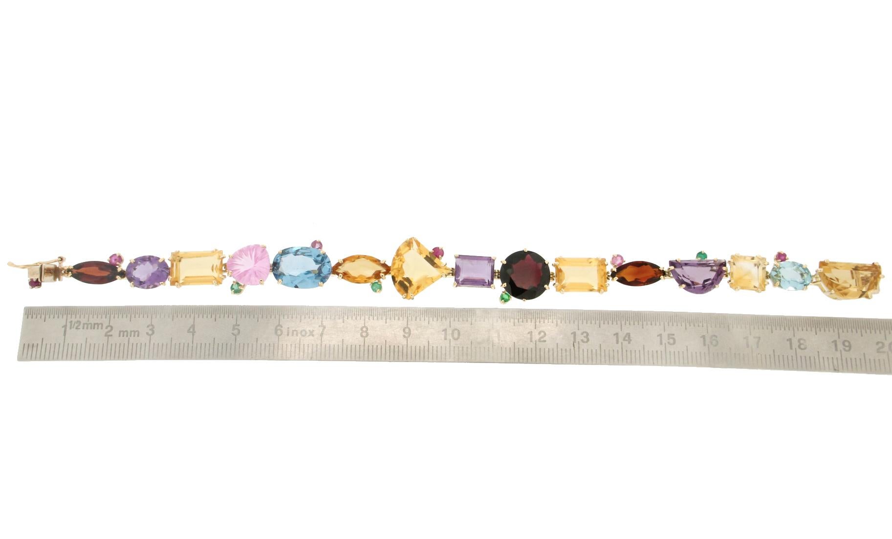 Handcraft Yellow Gold 14 Carats Emeralds Rubies Amethyst Citrin Garnet Bracelet For Sale 1