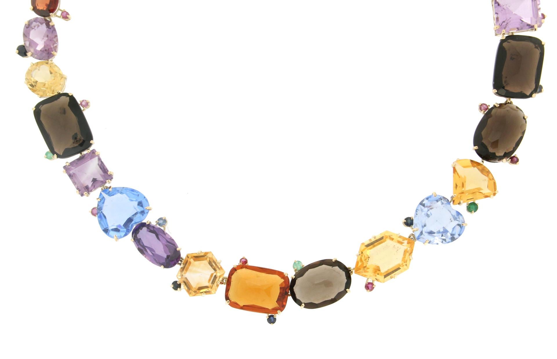 Mixed Cut Handcraft Yellow Gold 14 Carats Rubies Emeralds Amethyst Citrin Garnet Necklace For Sale