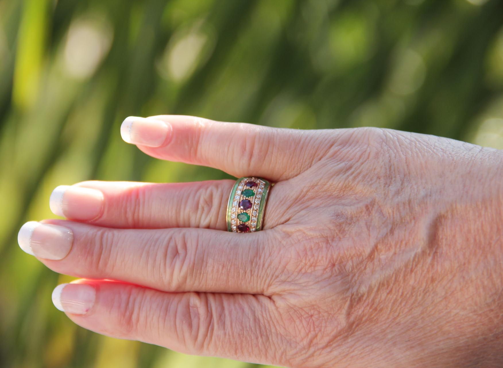 Handcraft Yellow Gold 14 Carats Rubies Emeralds Diamonds Green Enamel Band Ring For Sale 7