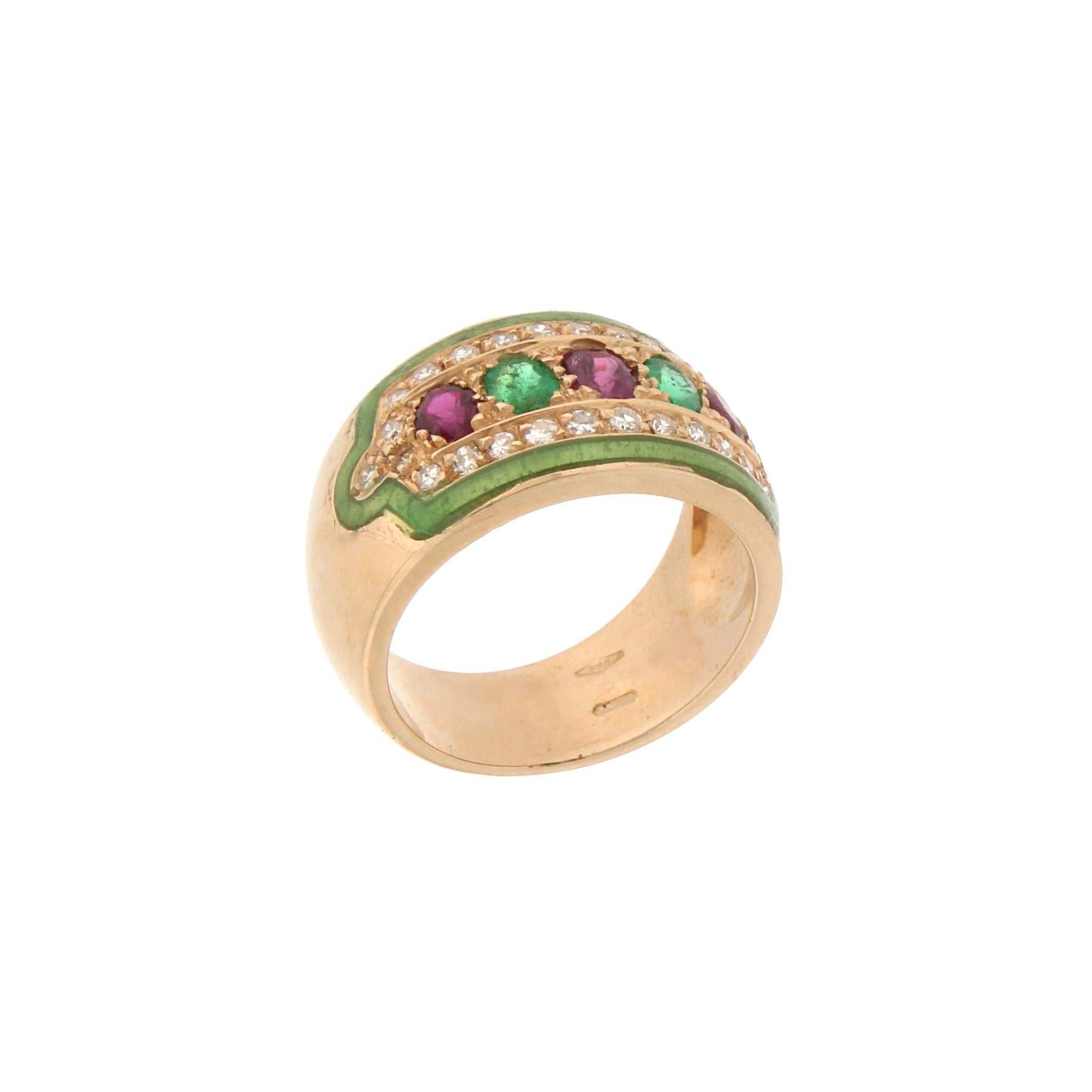 Contemporary Handcraft Yellow Gold 14 Carats Rubies Emeralds Diamonds Green Enamel Band Ring For Sale