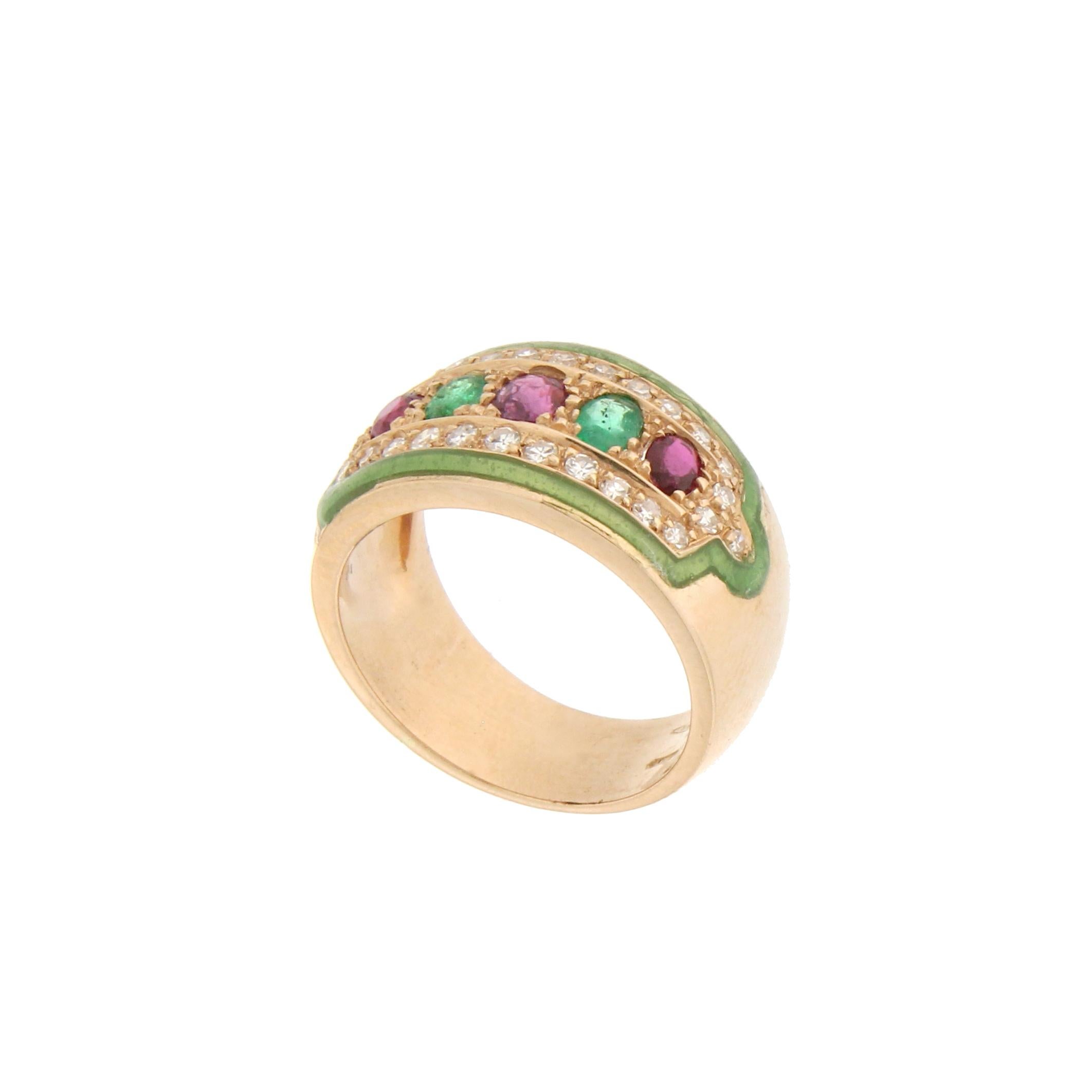 Mixed Cut Handcraft Yellow Gold 14 Carats Rubies Emeralds Diamonds Green Enamel Band Ring For Sale