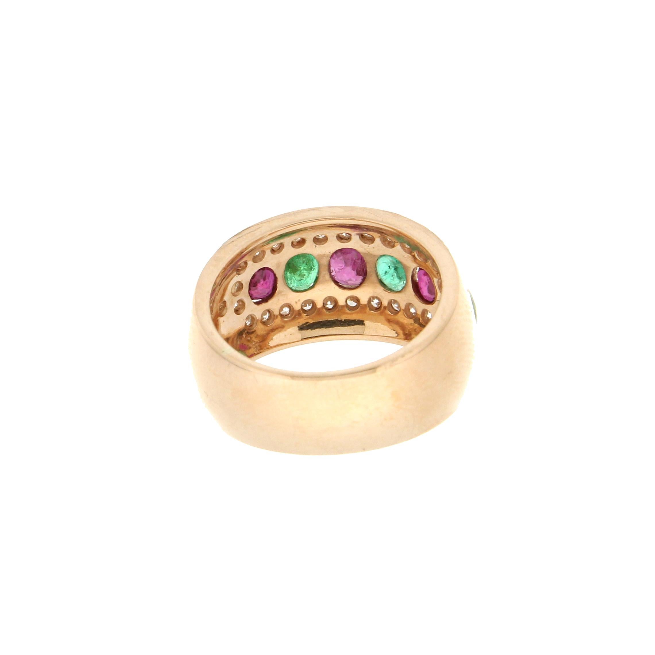Women's Handcraft Yellow Gold 14 Carats Rubies Emeralds Diamonds Green Enamel Band Ring For Sale
