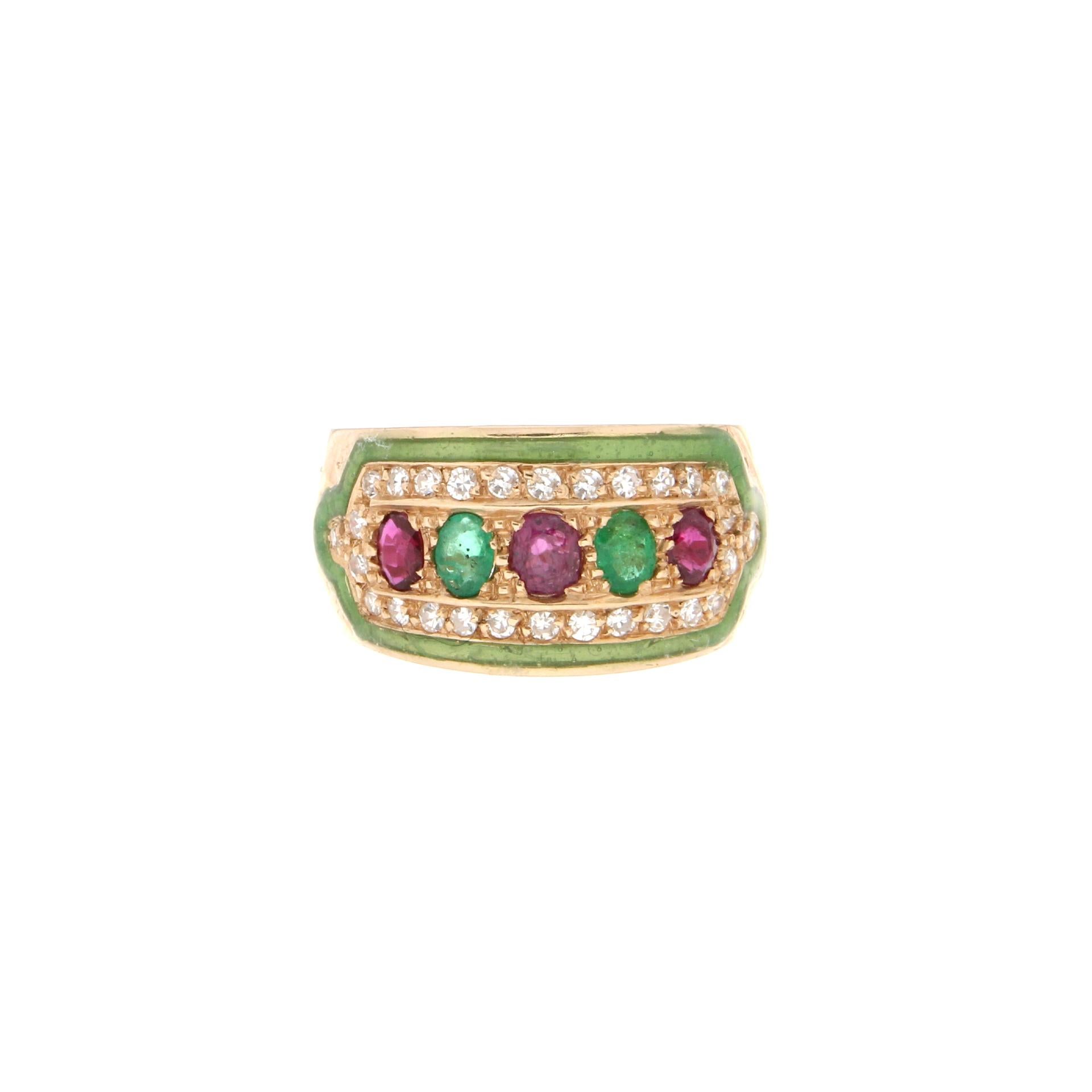 Handcraft Yellow Gold 14 Carats Rubies Emeralds Diamonds Green Enamel Band Ring For Sale 2