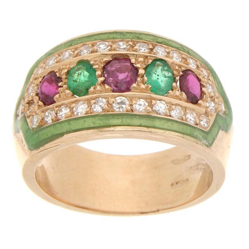 Handcraft Yellow Gold 14 Carats Rubies Emeralds Diamonds Green Enamel Band Ring