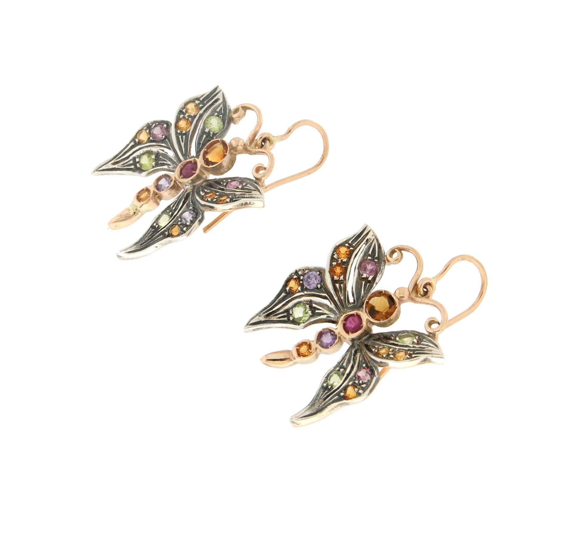 Contemporary Handcraft Yellow Gold 14 Carats Semiprecious stones Butterfly Earring For Sale