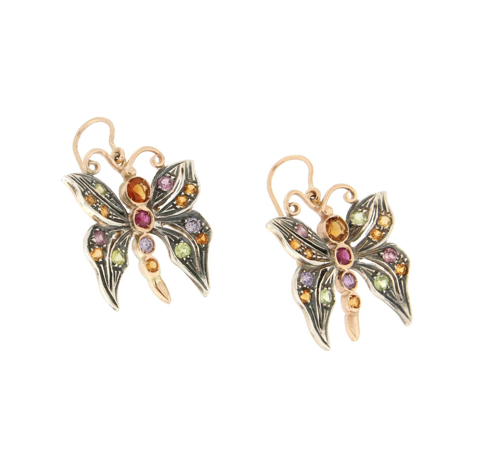 Brilliant Cut Handcraft Yellow Gold 14 Carats Semiprecious stones Butterfly Earring For Sale