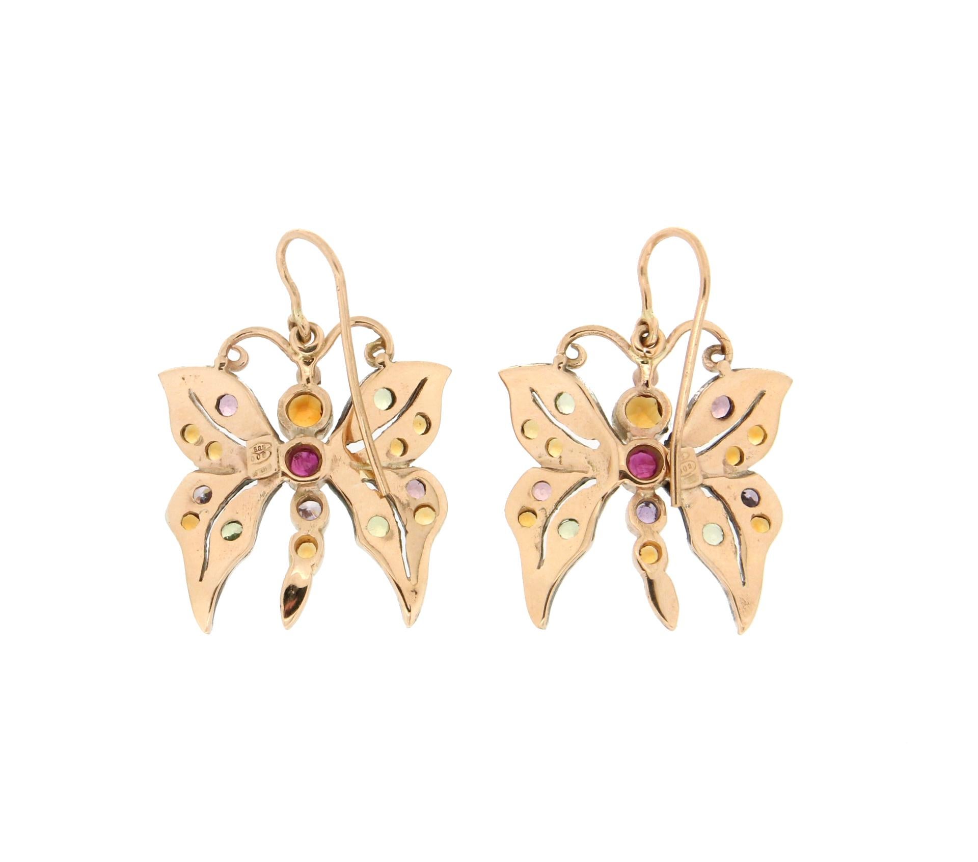 Handcraft Yellow Gold 14 Carats Semiprecious stones Butterfly Earring In New Condition For Sale In Marcianise, IT