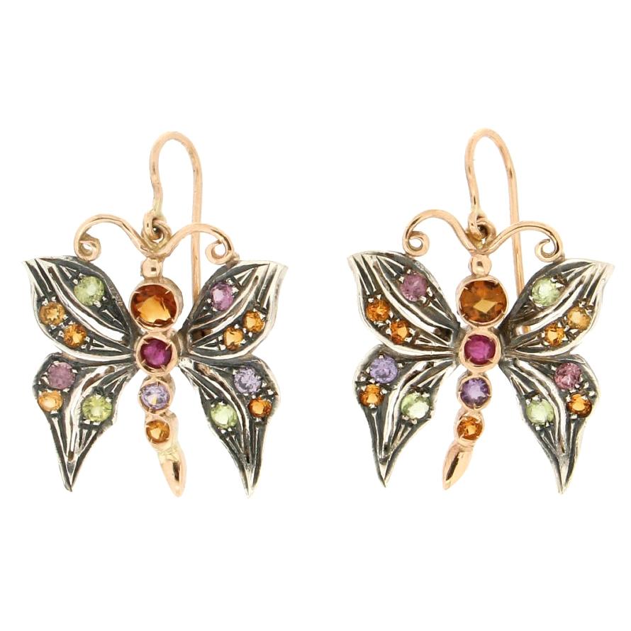 Handcraft Yellow Gold 14 Carats Semiprecious stones Butterfly Earring For Sale