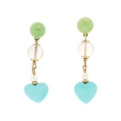 Handcraft Yellow Gold 14 Carats Turquoise Pearls Rock Crystal Drop Earring