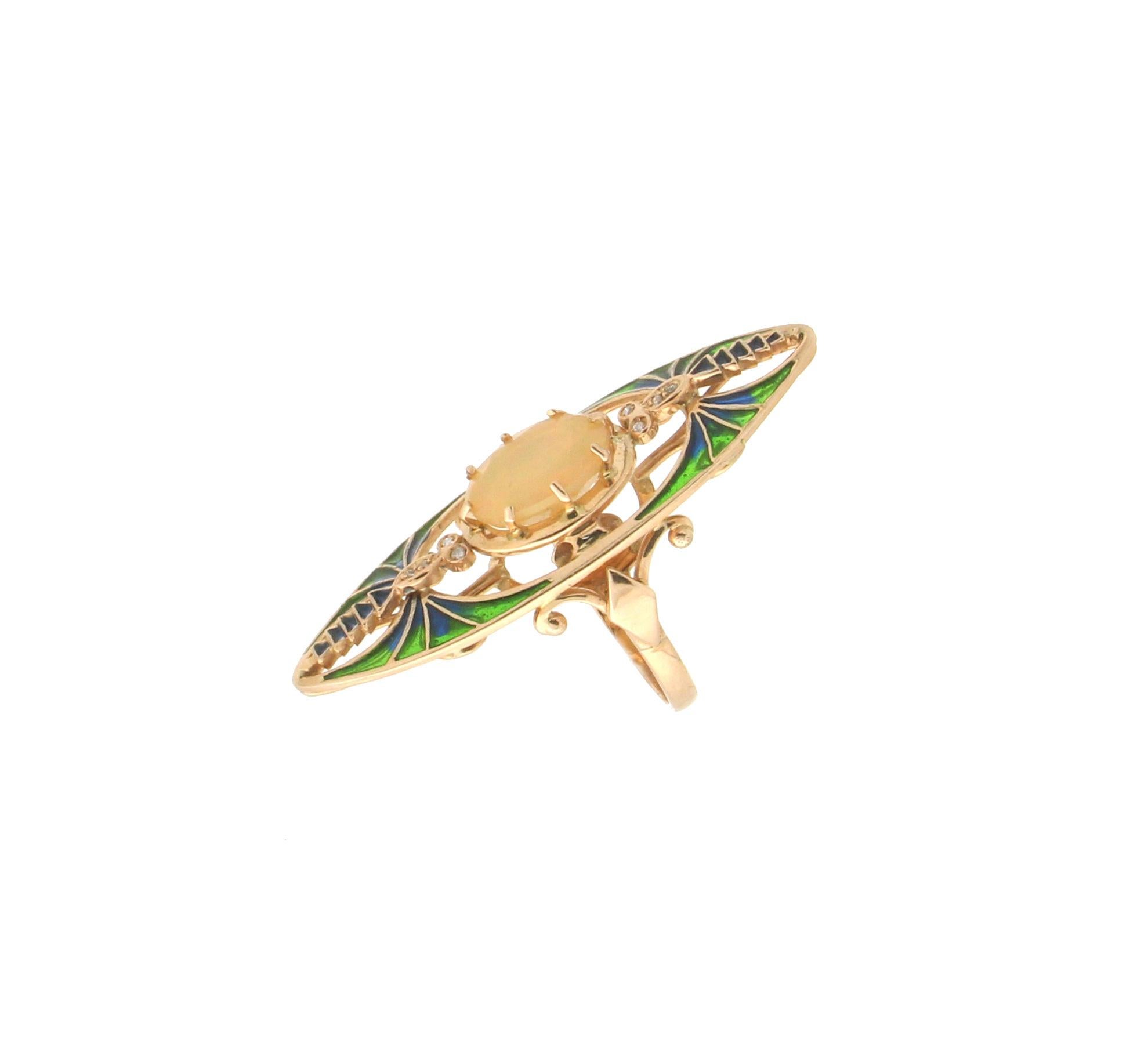 Handcraft Gelbgold 14 Karat Diamanten Australischer Opal Cocktail Ring (Kunsthandwerker*in)