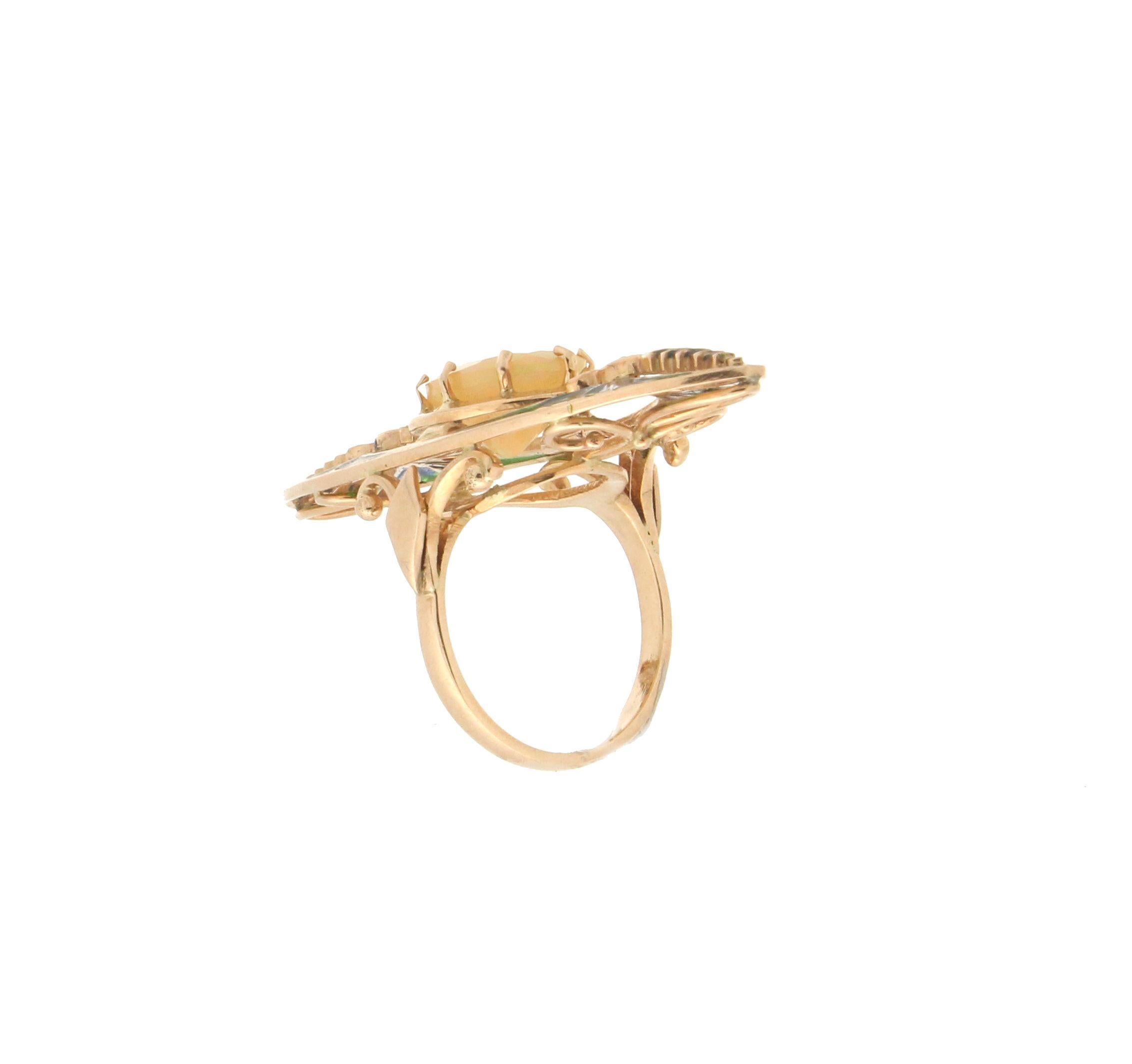 Handcraft Gelbgold 14 Karat Diamanten Australischer Opal Cocktail Ring (Brillantschliff)