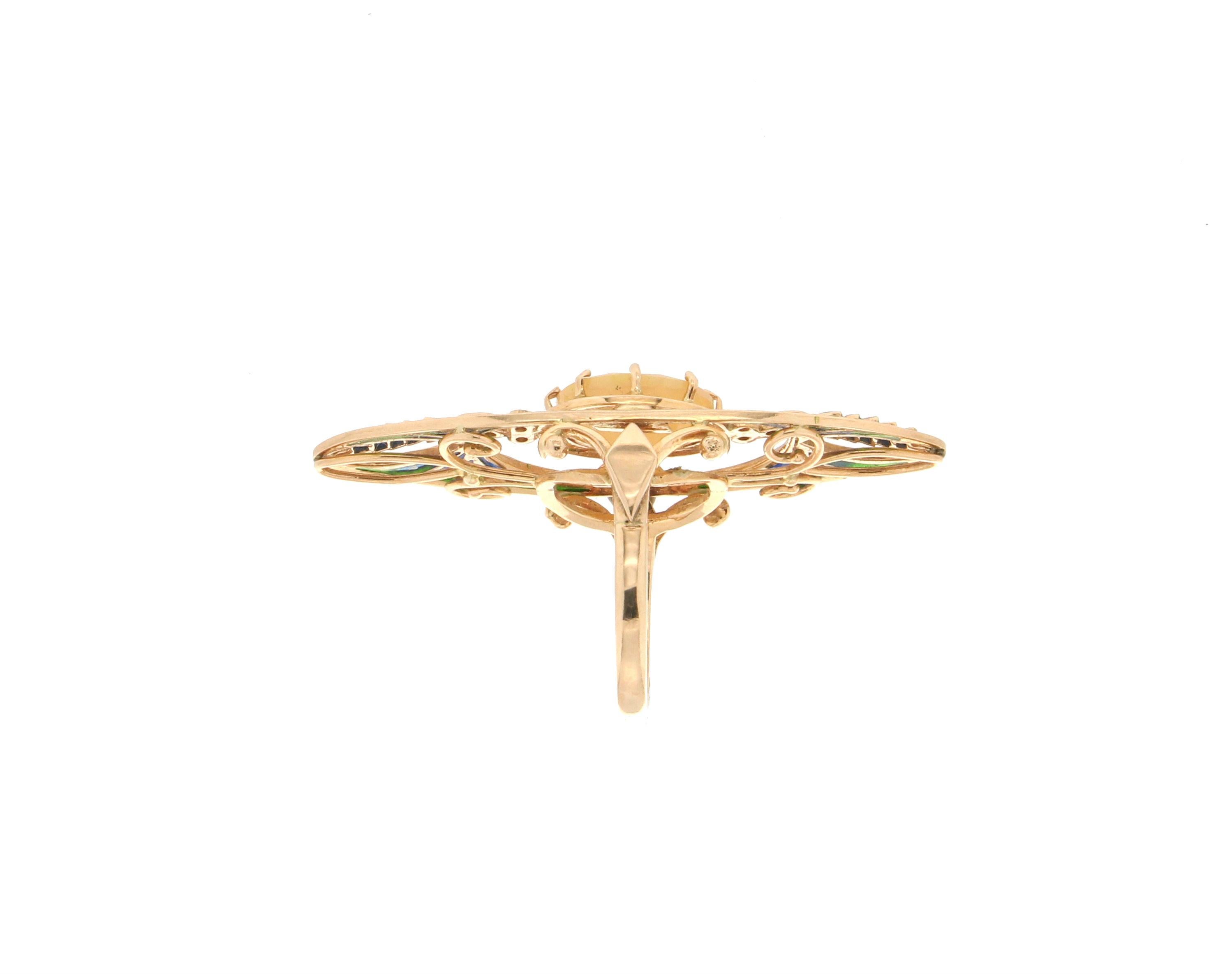 Handcraft Gelbgold 14 Karat Diamanten Australischer Opal Cocktail Ring im Zustand „Neu“ in Marcianise, IT