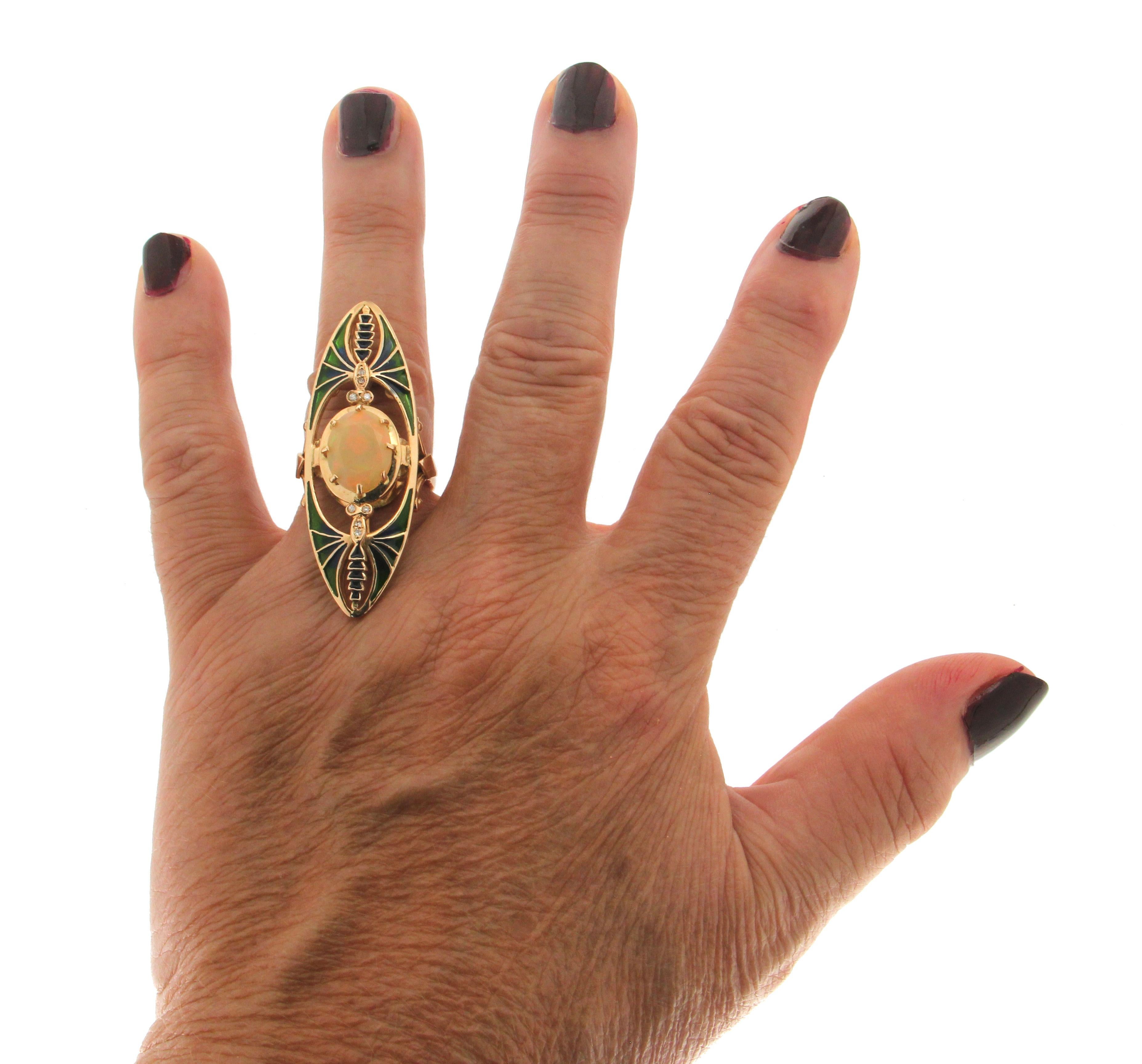 Handcraft Gelbgold 14 Karat Diamanten Australischer Opal Cocktail Ring 2