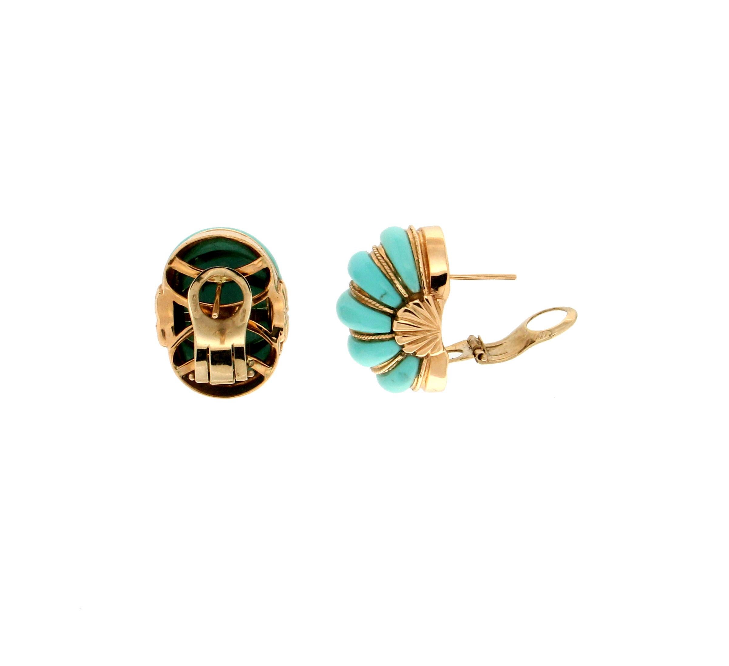 Handcraft Yellow Gold 14 Karat Turquoise Clip-On Earring In New Condition In Marcianise, IT