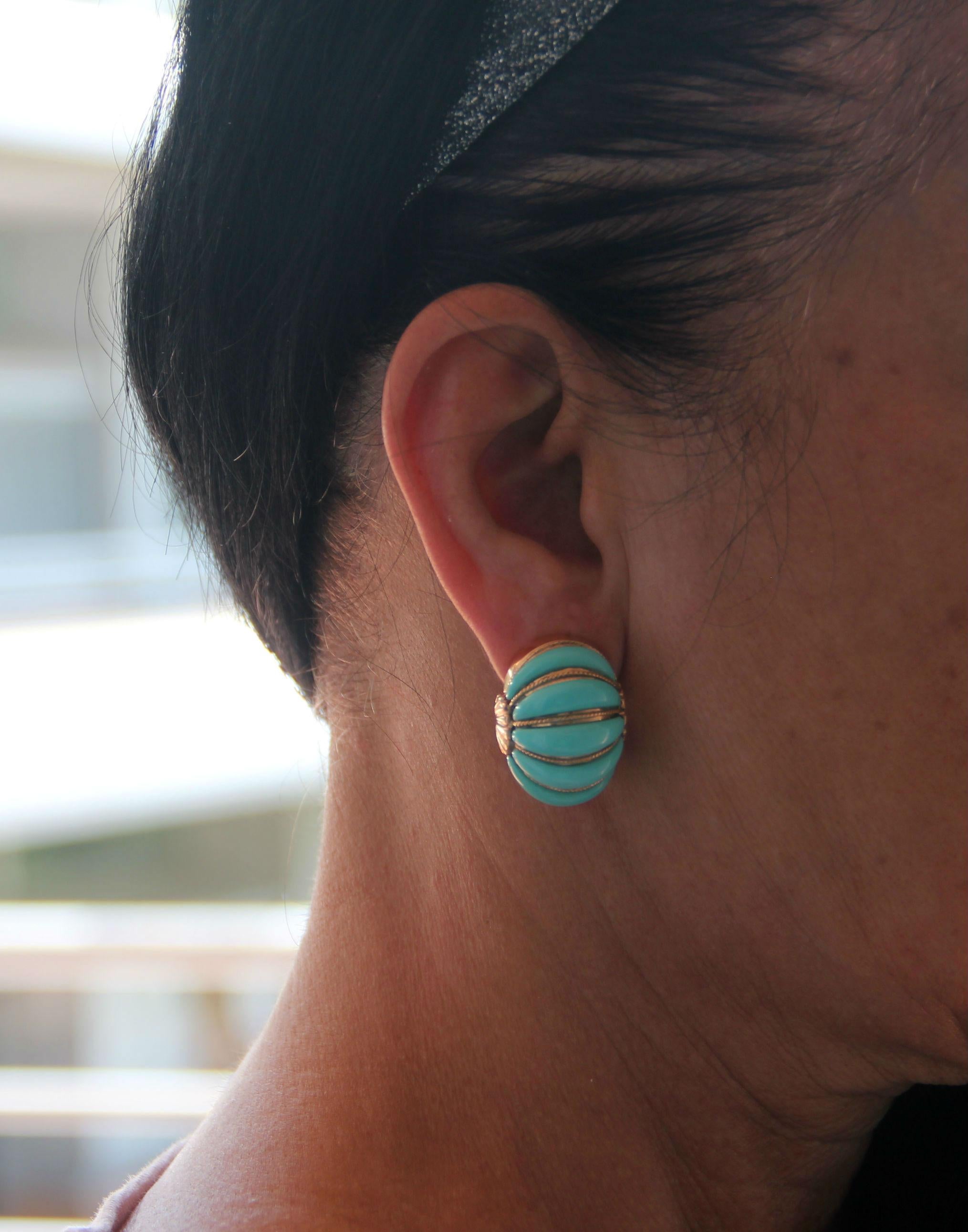 Women's Handcraft Yellow Gold 14 Karat Turquoise Clip-On Earring