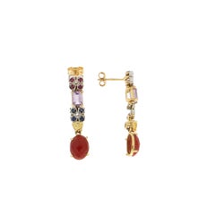 Handcraft Yellow Gold 18 Karat Rubies Sapphires Coral Dangle Earrings