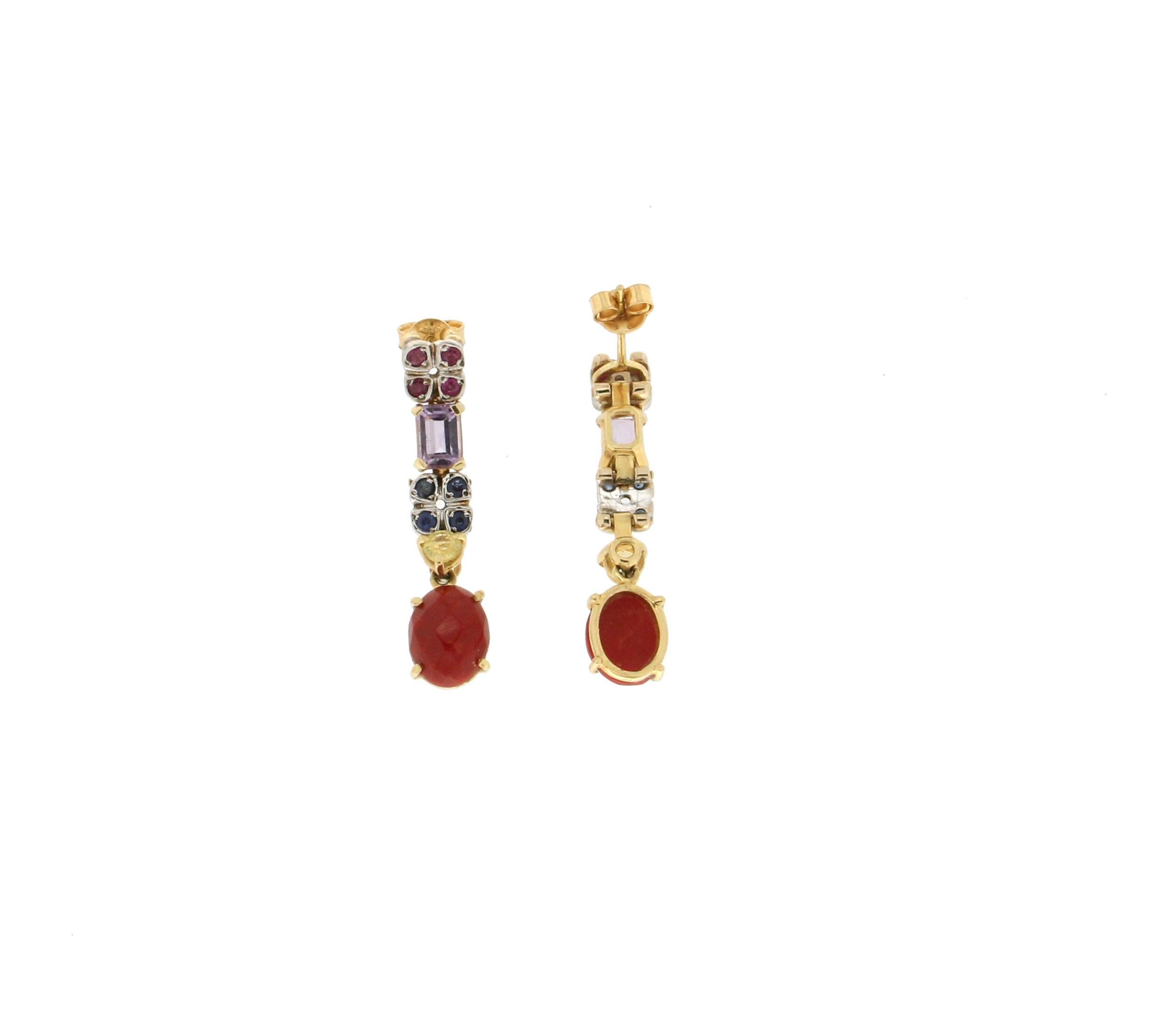 Artisan Handcraft Yellow Gold 18 Karat Rubies Sapphires Coral Dangle Earrings