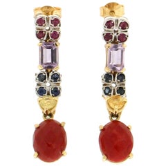 Handcraft Yellow Gold 18 Karat Rubies Sapphires Coral Dangle Earrings