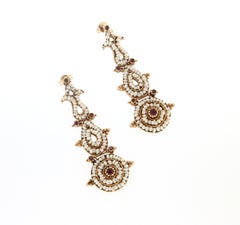 Handcraft Yellow Gold 9 Carats Micro Pearls Rubies Drop Earring