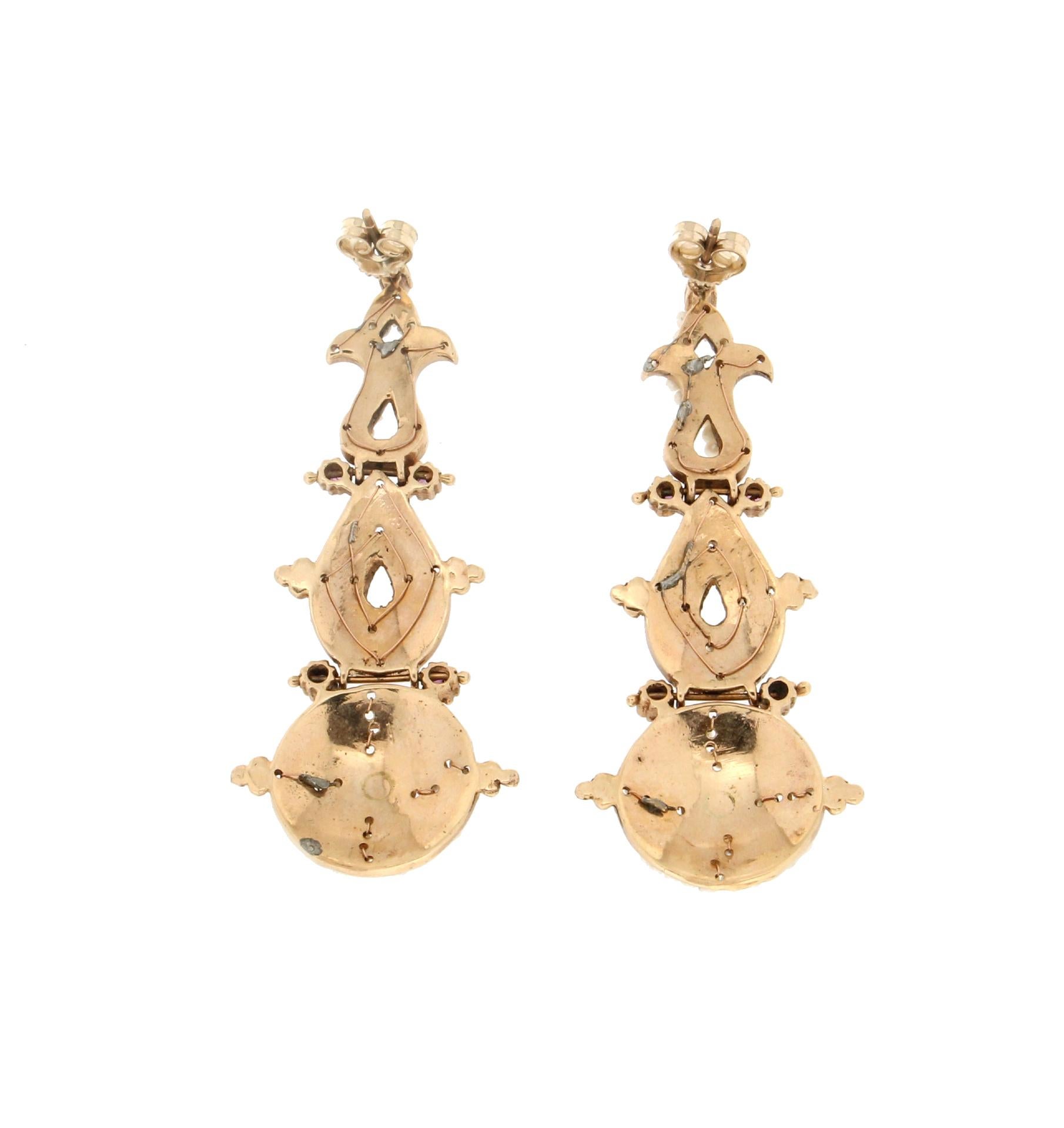 Belle Époque Handcraft Yellow Gold 9 Carats Micro Pearls Rubies Drop Earring For Sale