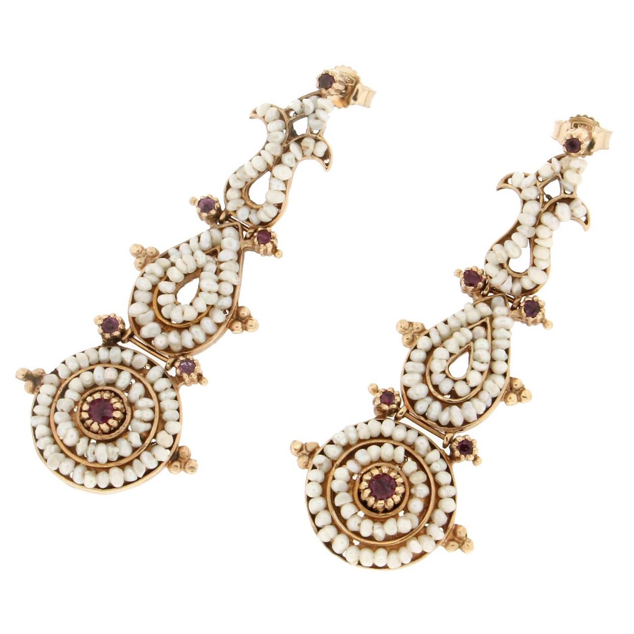 Handcraft Yellow Gold 9 Carats Micro Pearls Rubies Drop Earring For Sale