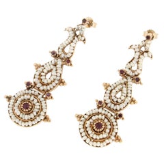 Vintage Handcraft Yellow Gold 9 Carats Micro Pearls Rubies Drop Earring