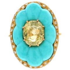 Handcraft Yellow Sapphire 18 Karat Yellow Gold Diamond Turquoise Cocktail Ring