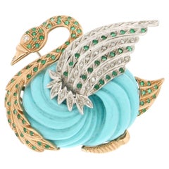 Handcraft Yellow White Gold 14 Carats Emeralds Diamonds Turquoise Swan Brooch