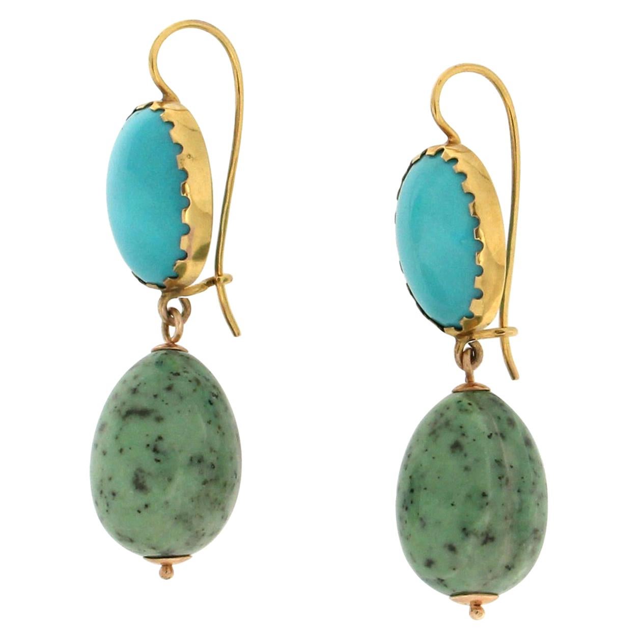 Turquoise Yellow Gold Oval Drop Earrings at 1stDibs