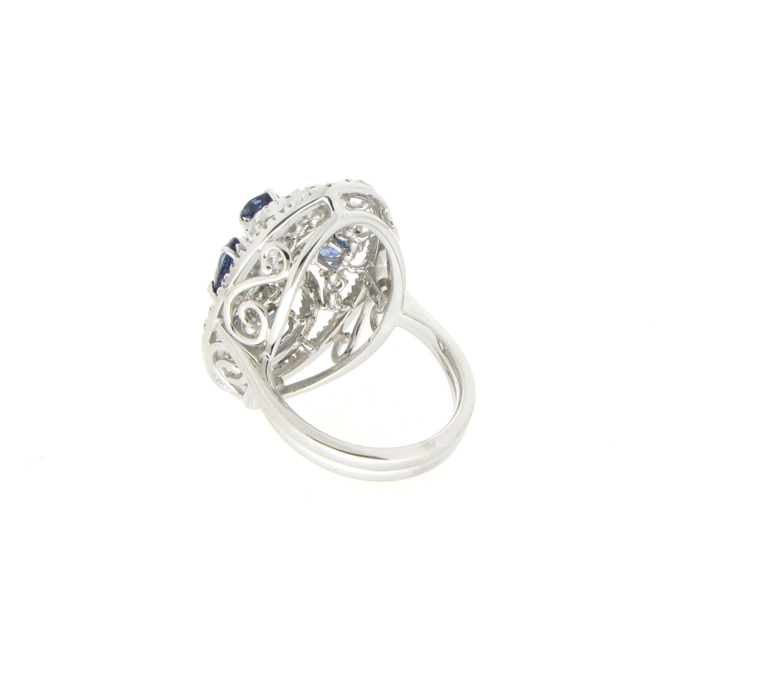 Women's or Men's Handcraft 18 Karat White Gold Sapphires Diamonds Cocktail Ring