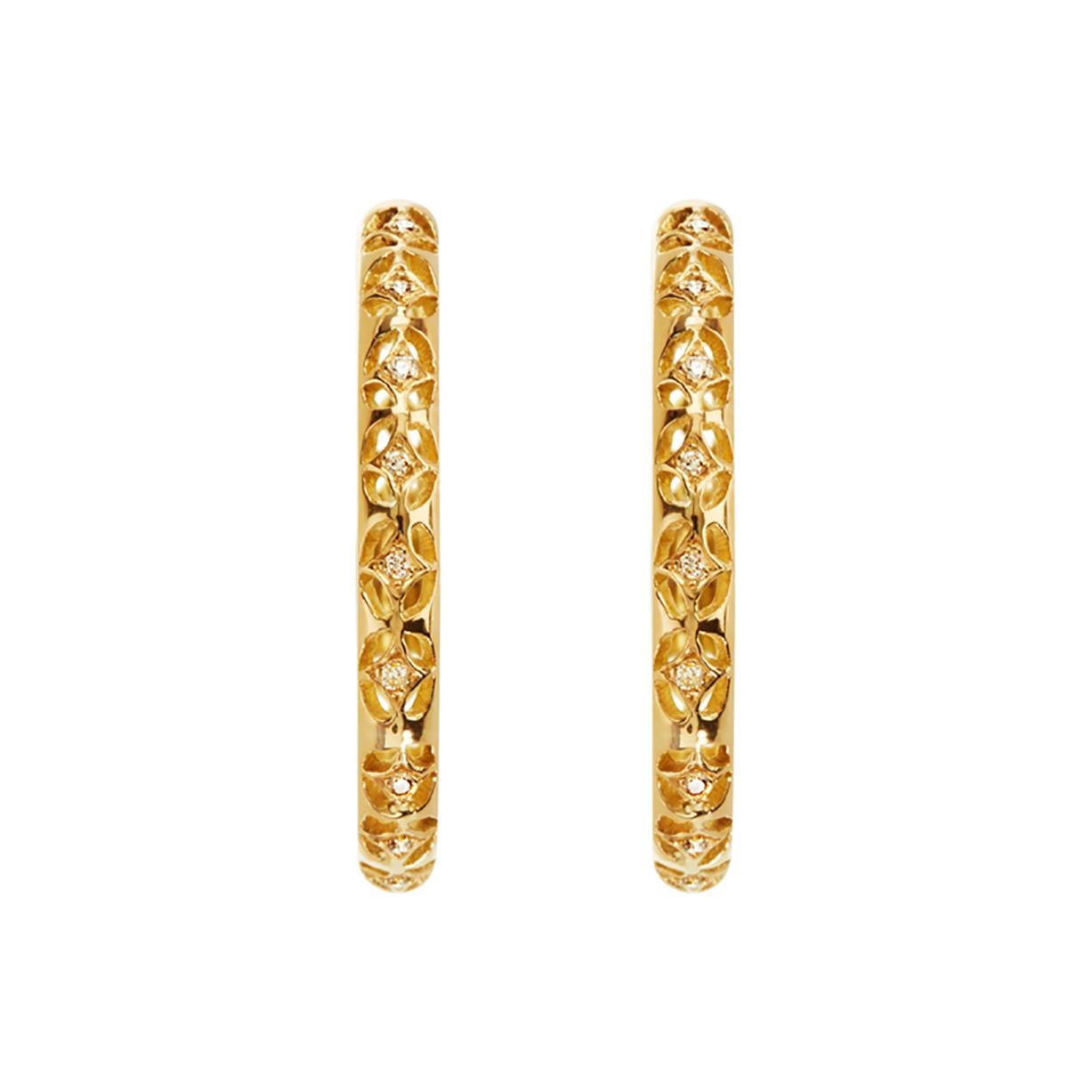 Handcrafted 0,19 Carat Diamonds 18 Karat Yellow Gold Hoop Earrings. Delicate hand pierced lace hoop adorned with white diamonds. Can be worn both with a casual outfit for an every day look or with a more elegant outfit. Showcasing our designer's