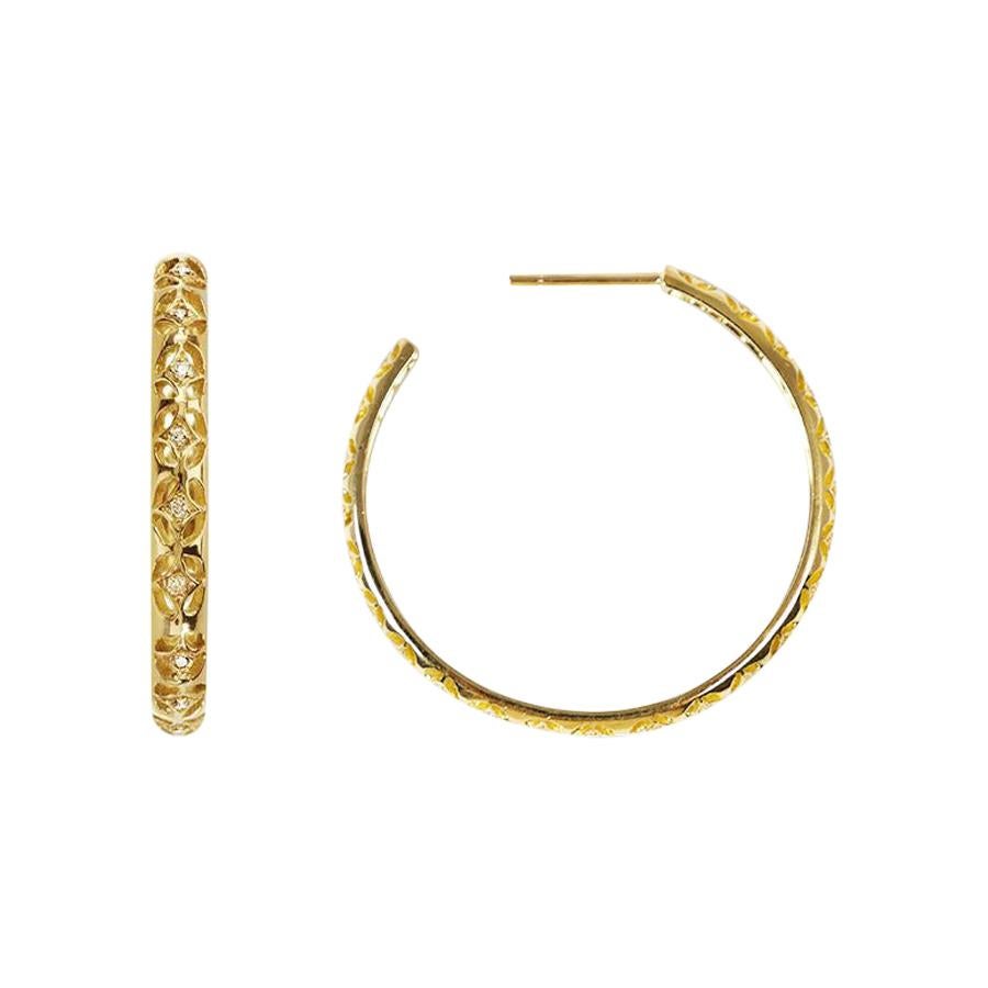 Handcrafted 0.19 Carat Diamonds 18 Karat Yellow Gold Hoop Earrings For Sale
