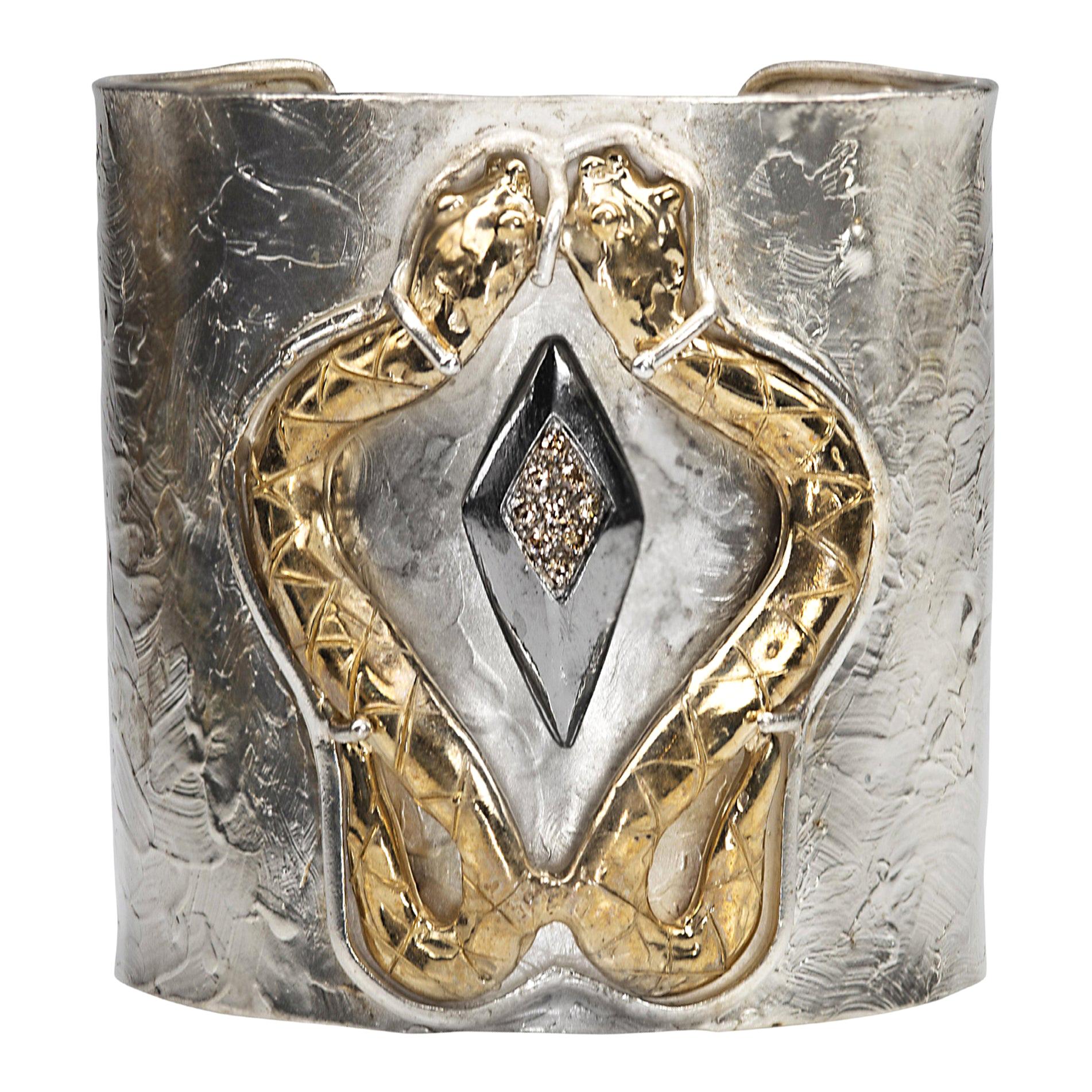 0.20 Karat Diamond 24 Karat Gold Plated Silver Stering Snake Cuff Bracelet  For Sale