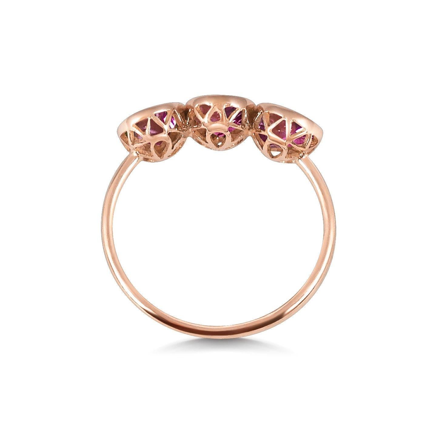 For Sale:  Handcrafted 1.50 Carats Pink Tourmalines 18 Karat Rose Gold Three-Stone Ring 2