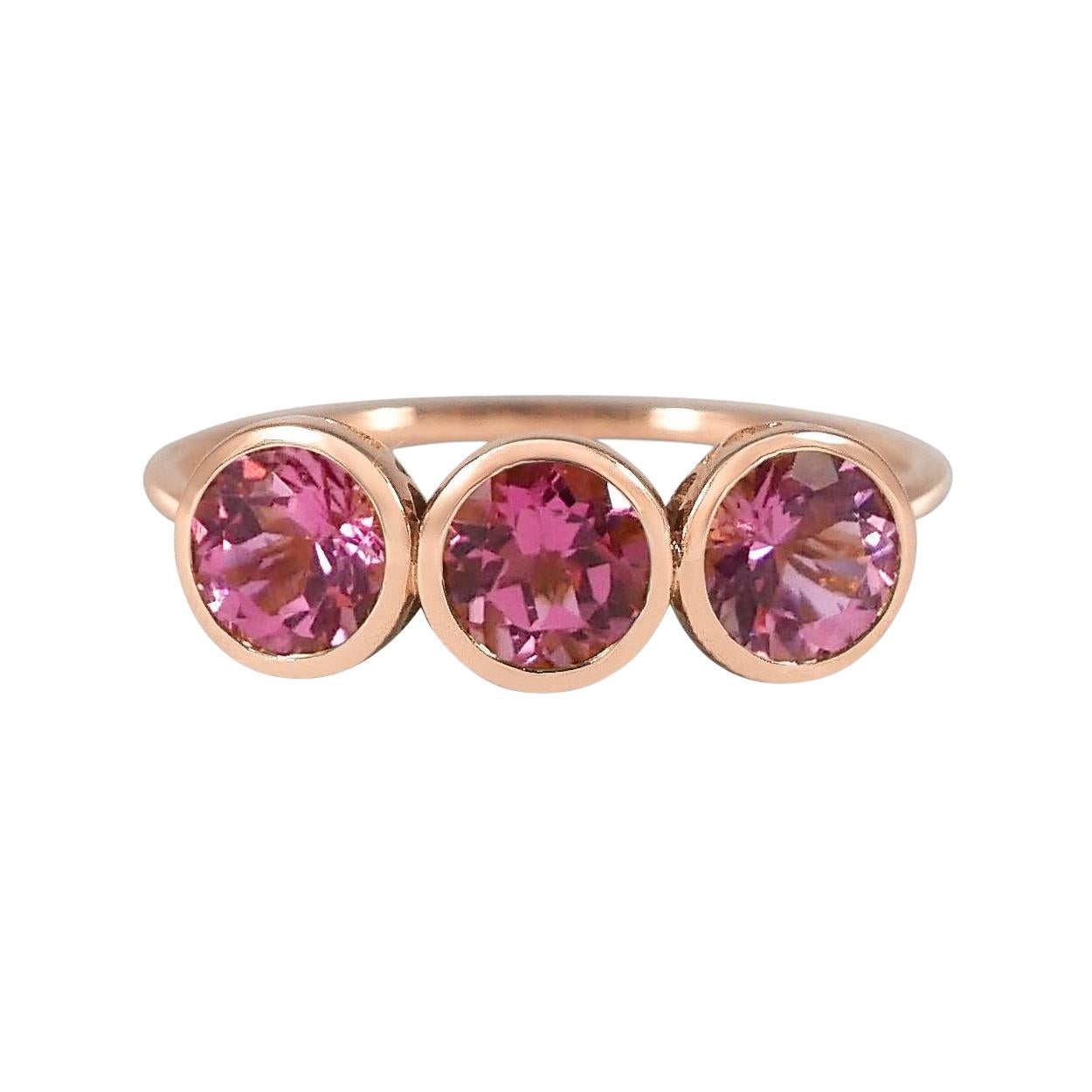 For Sale:  Handcrafted 1.50 Carats Pink Tourmalines 18 Karat Rose Gold Three-Stone Ring