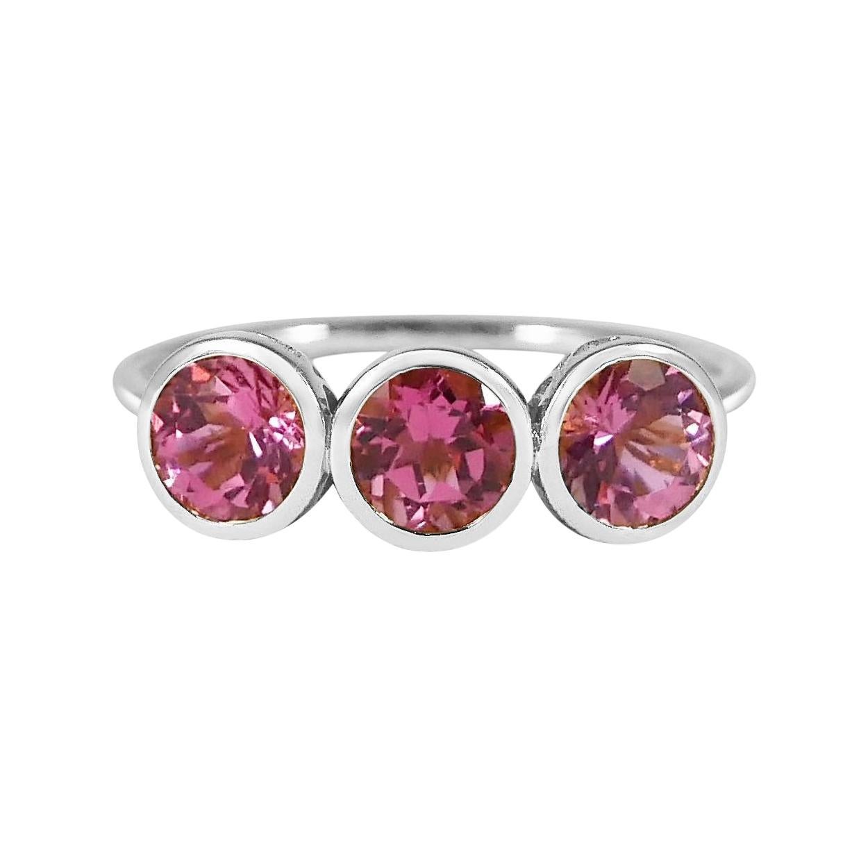 Handcrafted 1.50 Carats Pink Tourmaline 18 Karat White Gold Three-Stone Ring