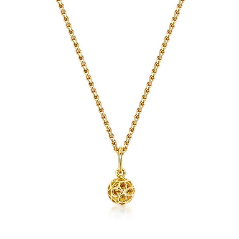 Handcrafted 0.65 Carat Yellow Sapphire 18 Karat Yellow Gold Pendant Necklace. The 5mm natural stone is set in our iconic hand pierced gold lace to let the light through. Our pendants are the ideal gift. 

Here presented on our finely knitted gold