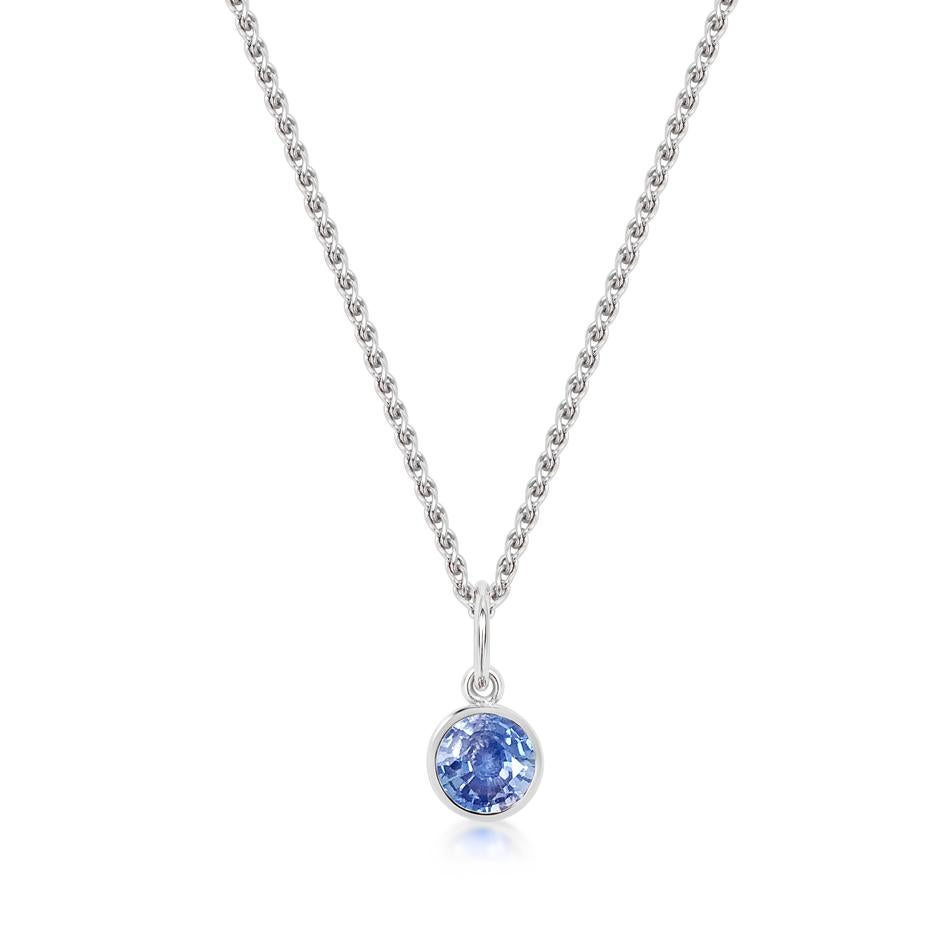 Round Cut Handcrafted 0.65 Carat Blue Sapphire 18 Karat White Gold Pendant Necklace For Sale