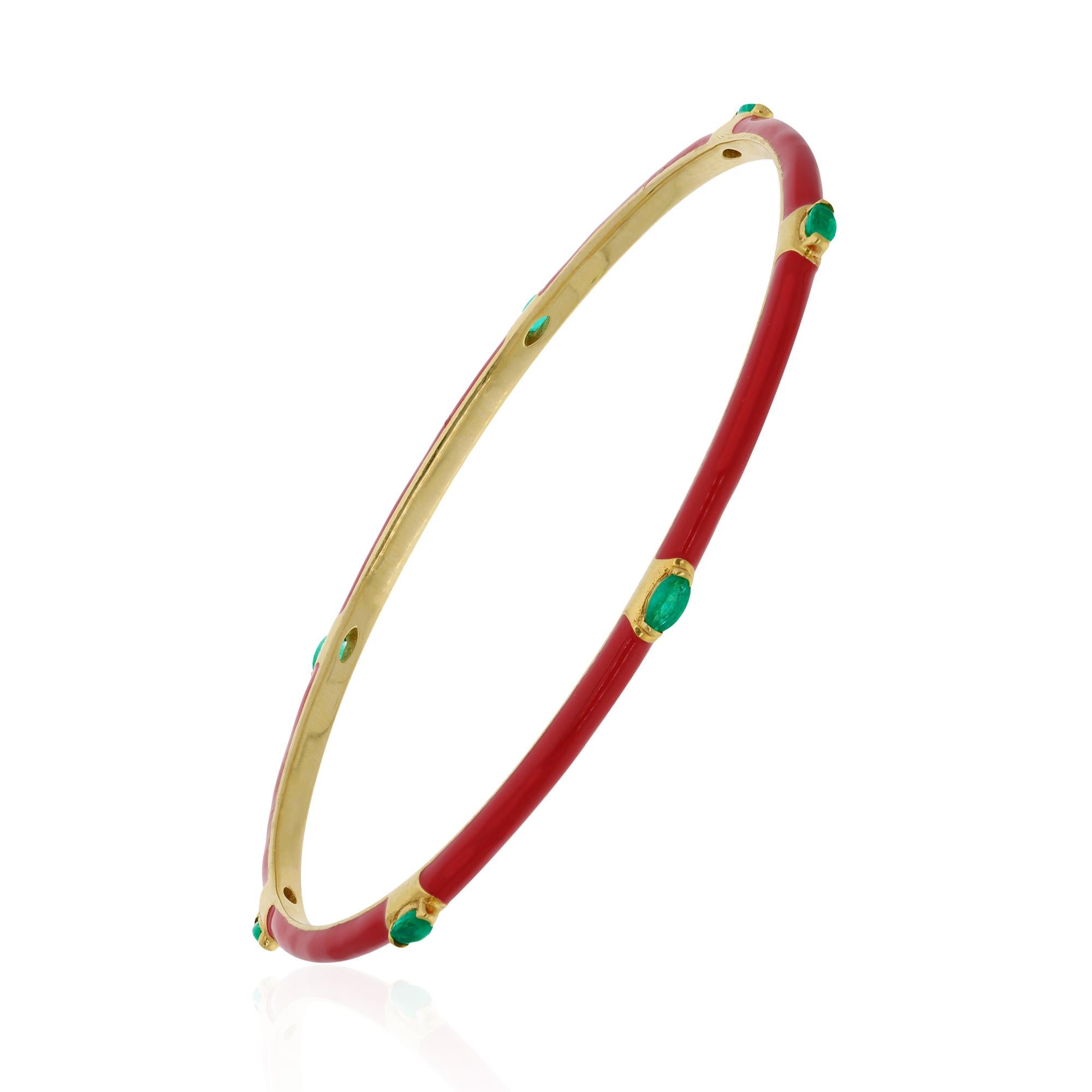 Art Deco Handcrafted 0.77Ct Red Enamel Emerald Bangle For Wife 14k Gold Jewelry Gift For Sale