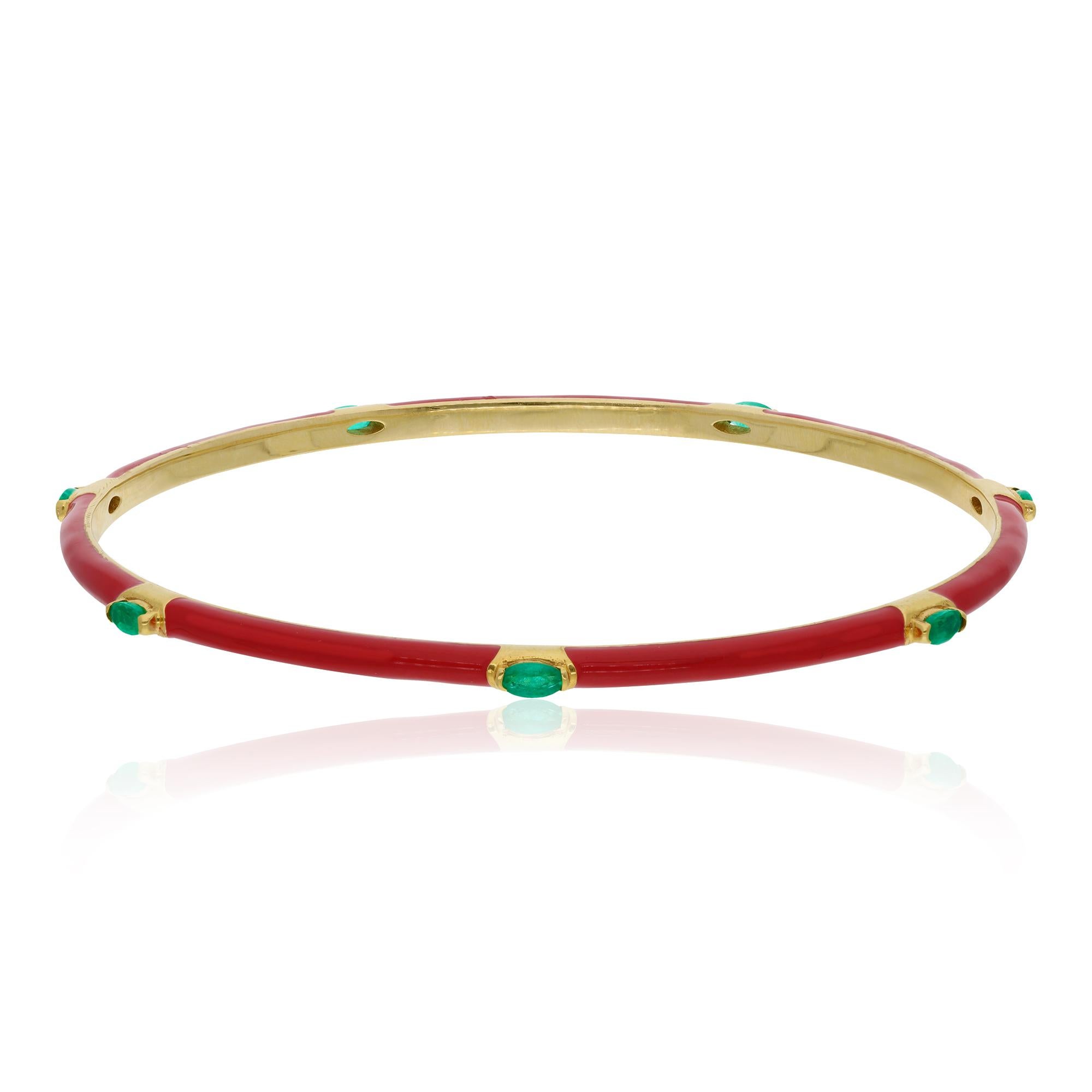Women's Handcrafted 0.77Ct Red Enamel Emerald Bangle For Wife 14k Gold Jewelry Gift For Sale