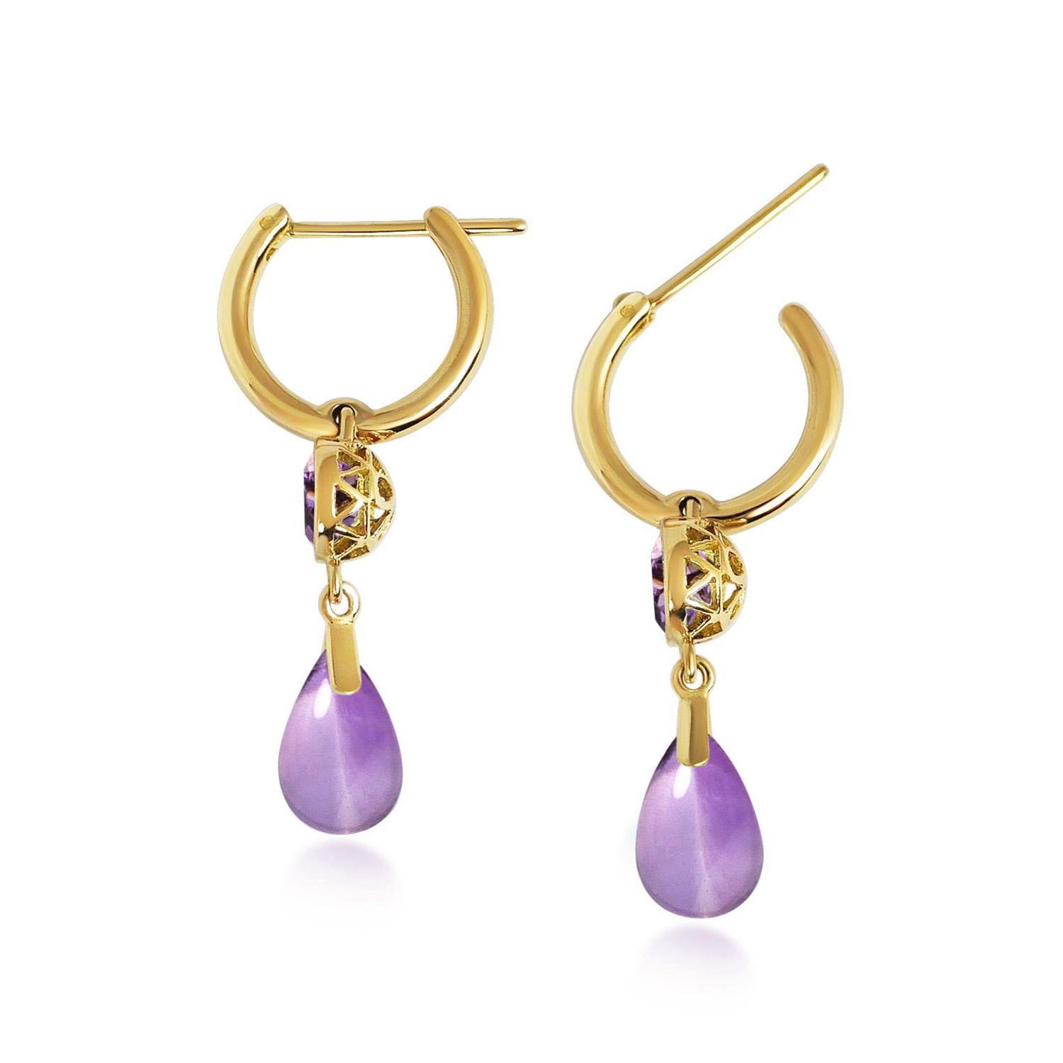 Contemporary Handcrafted 1.00 & 3.50 Carats Amethysts 18 Karat Yellow Gold Drop Earrings For Sale