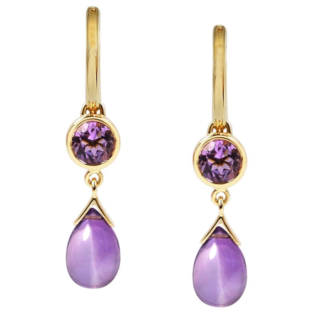 Handcrafted 1.00 & 3.50 Carats Amethysts 18 Karat Yellow Gold Drop Earrings For Sale