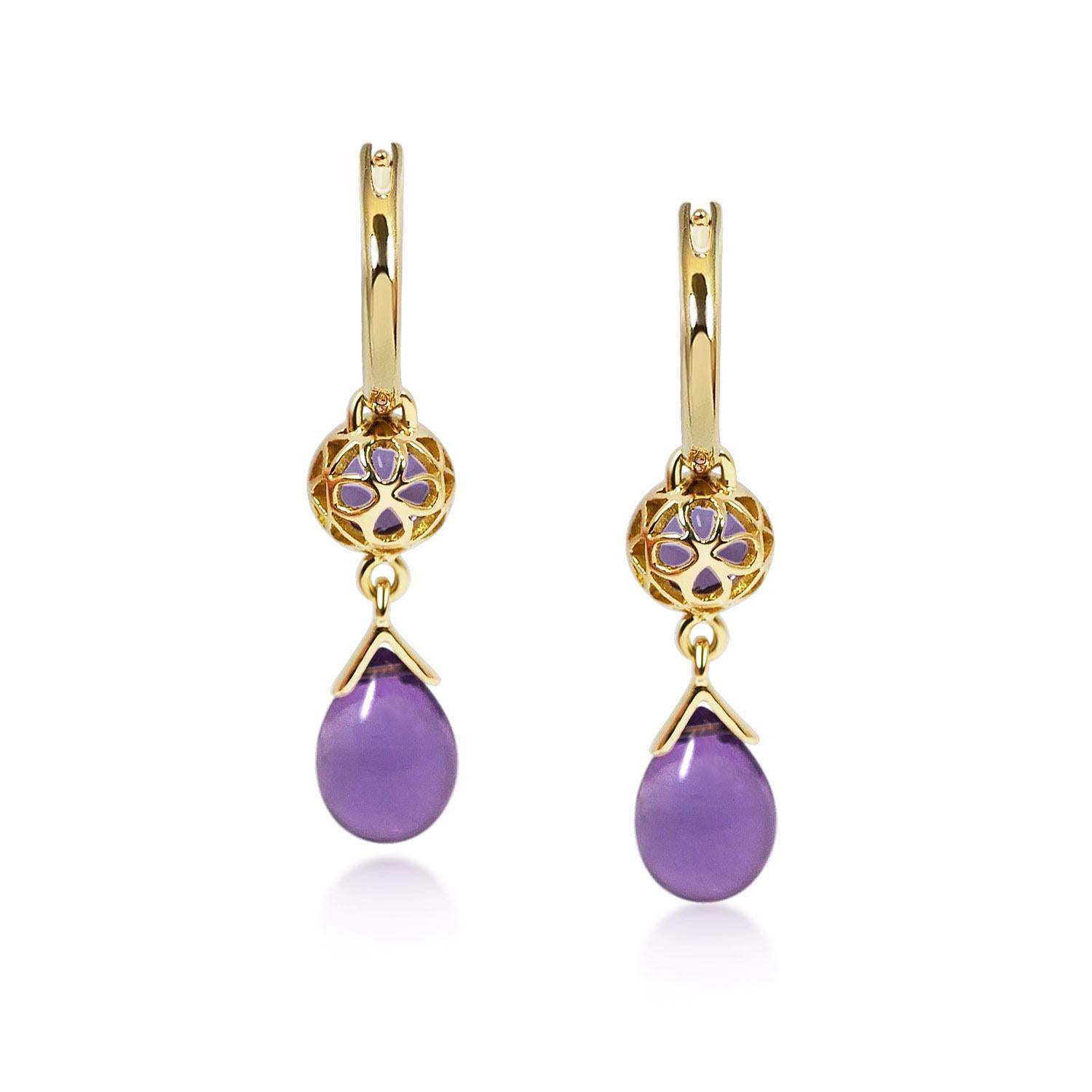 Handcrafted 1.00 & 3.50 Carats Amethysts 18 Karat Yellow Gold Drop Earrings. Dancing drops carved in Amethyst under a set of 6mm round cut Amethysts encased in our iconic hand pierced gold lace to let the light through. A diamond has been set on the