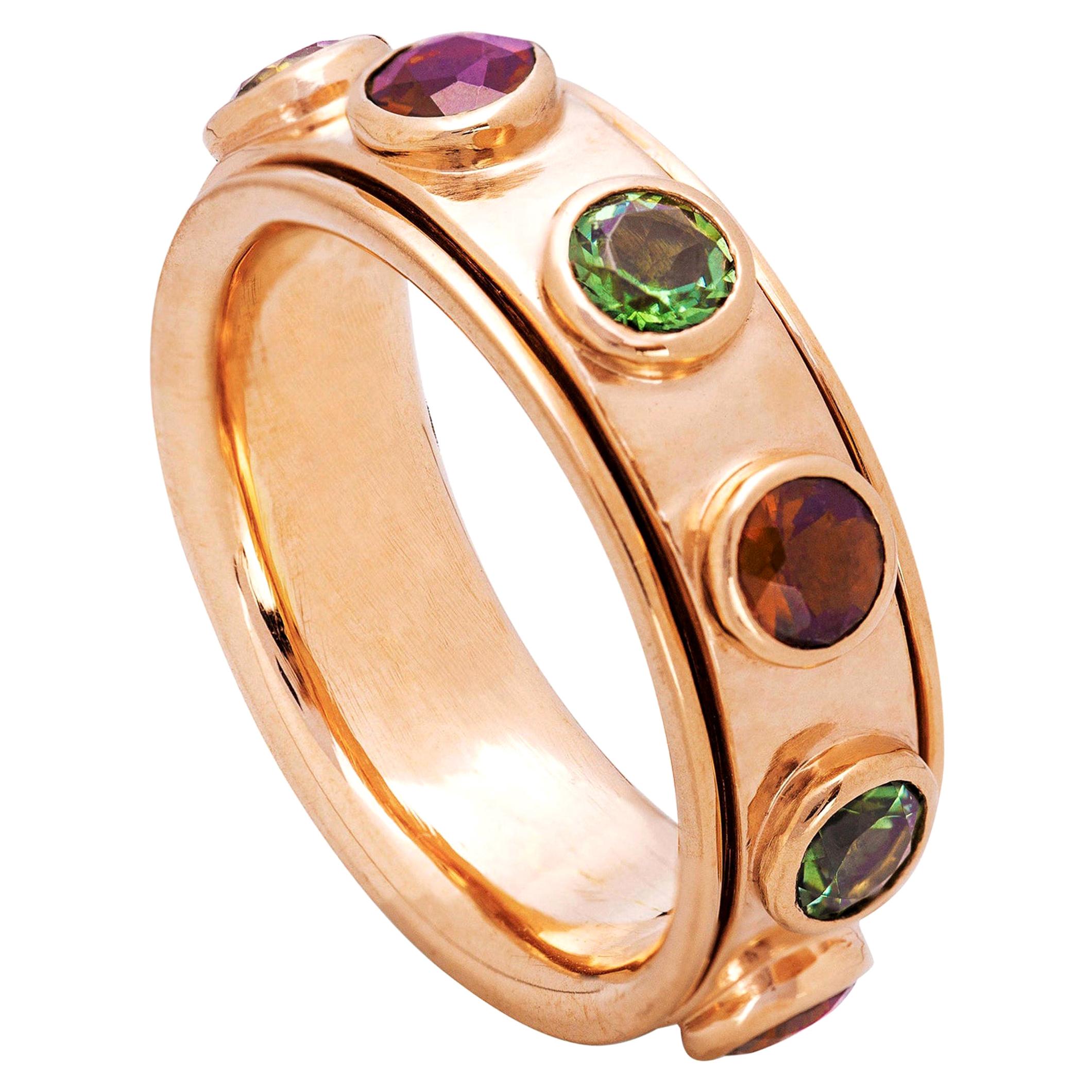 Contemporary Rotating Rose Gold Tourmaline & Garnet Band Design Ring For Sale