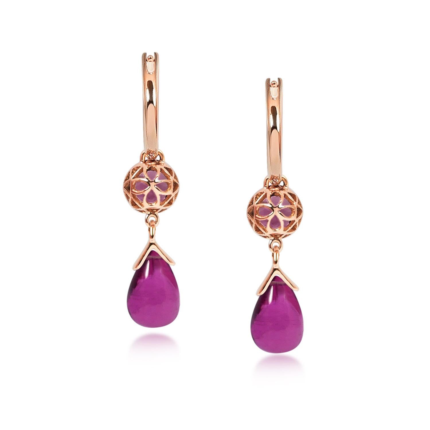 Contemporary Handcrafted 1, 05 & 4, 85 Carats Rubelite 18 Karat Rose Gold Drop Earrings For Sale