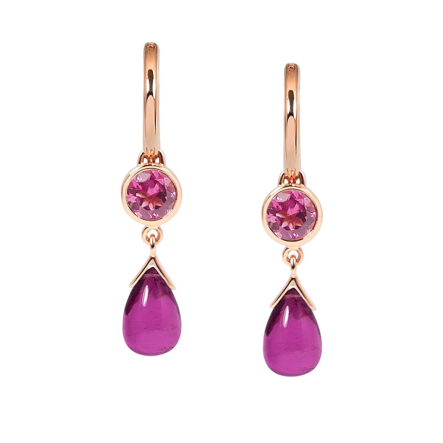 Handcrafted 1, 05 & 4, 85 Carats Rubelite 18 Karat Rose Gold Drop Earrings For Sale