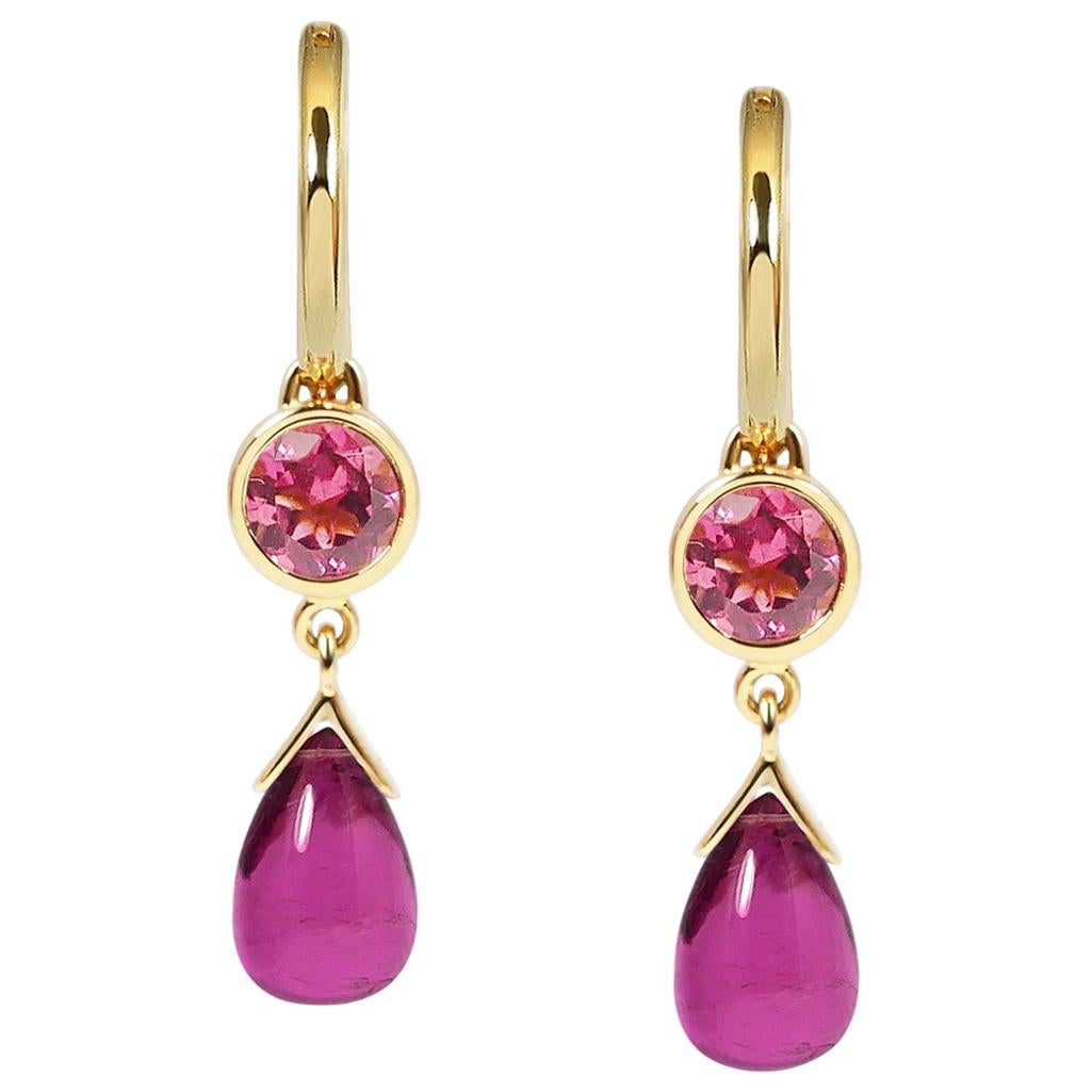 Handcrafted 1.05 & 4.85 Carats Rubelite 18 Karat Yellow Gold Drop Earrings For Sale
