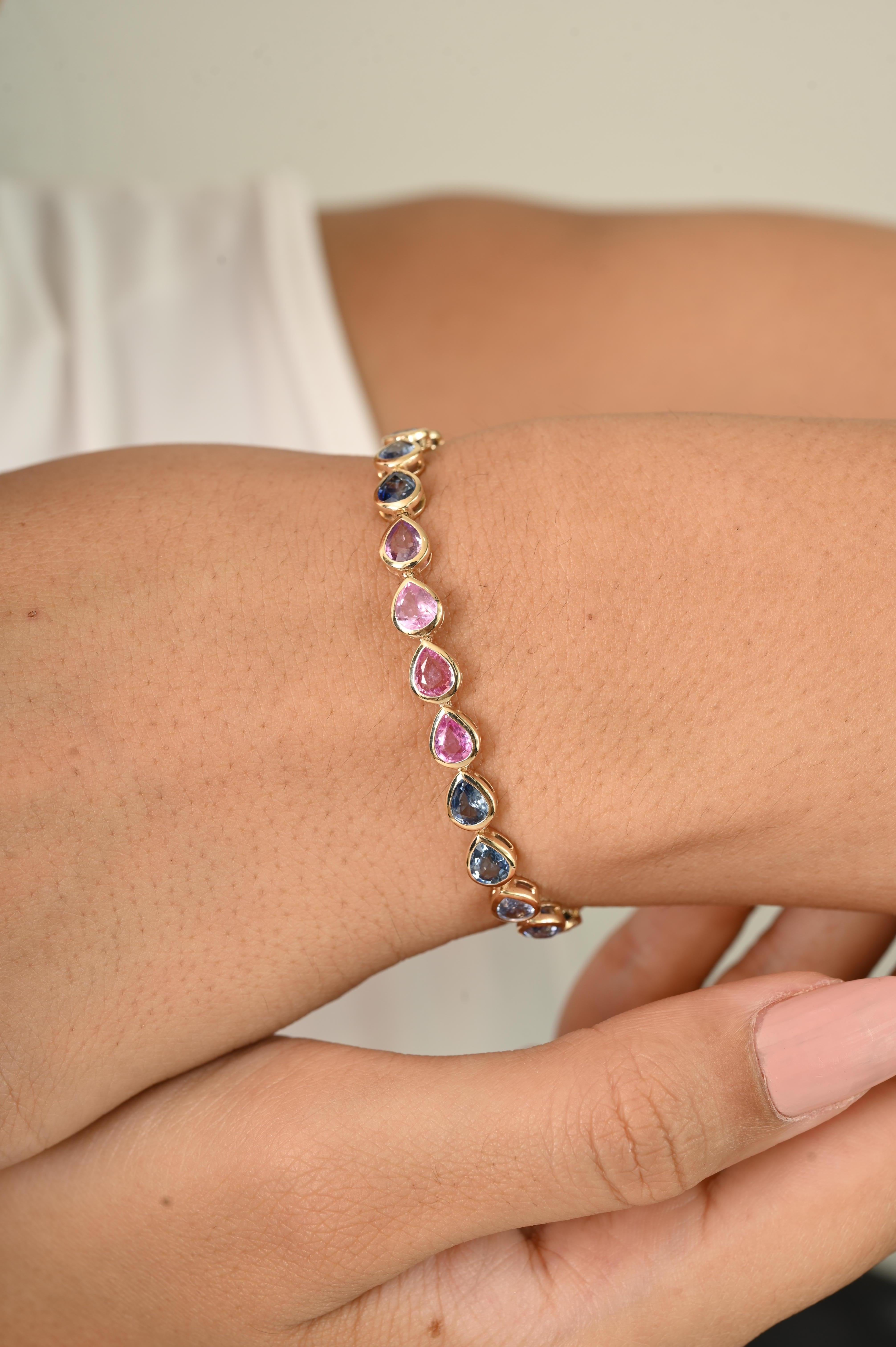 Handcrafted 10Ct Pear Natural Multi Sapphire Tennis Bracelet in 14k Yellow Gold For Sale 4