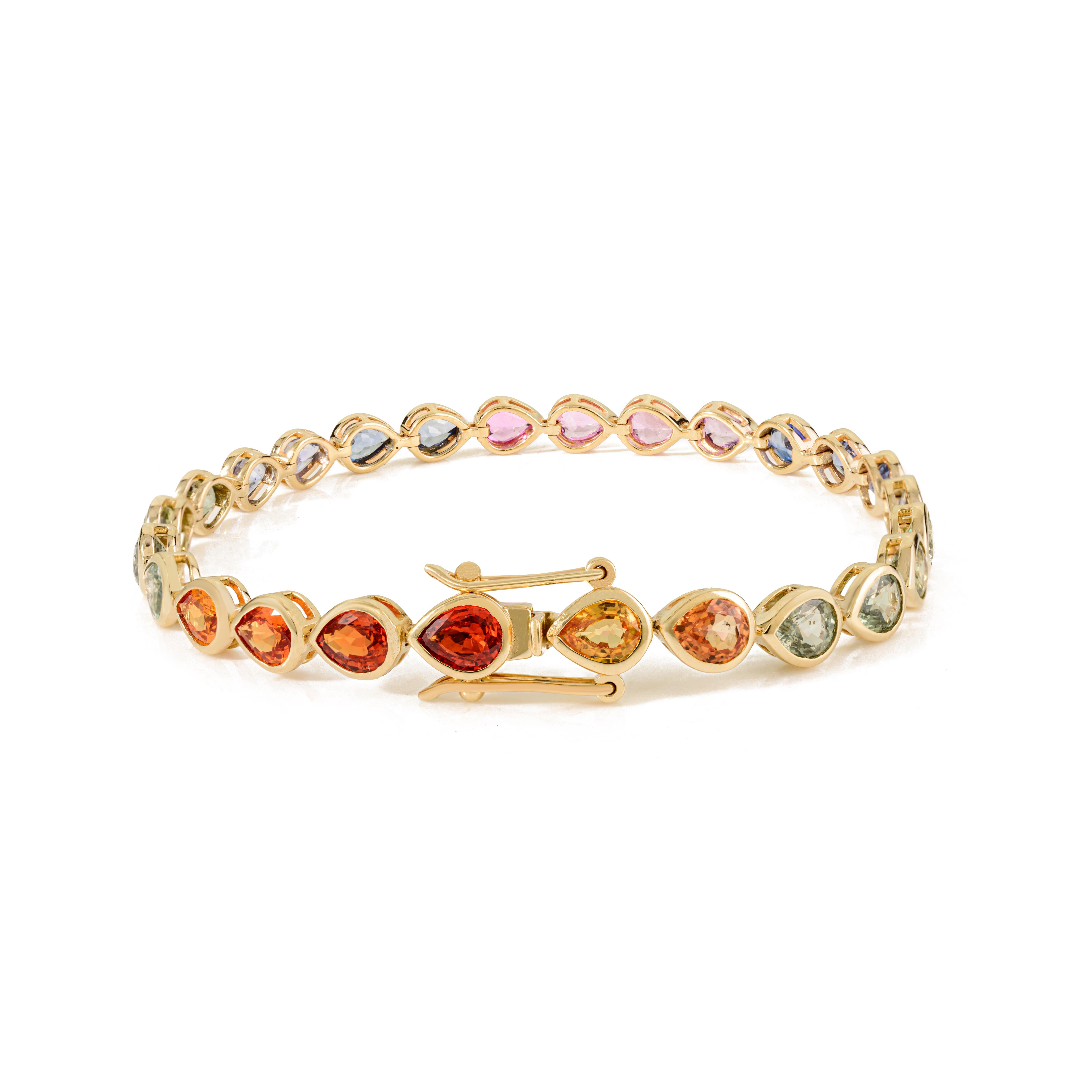 Modern Handcrafted 10Ct Pear Natural Multi Sapphire Tennis Bracelet in 14k Yellow Gold For Sale